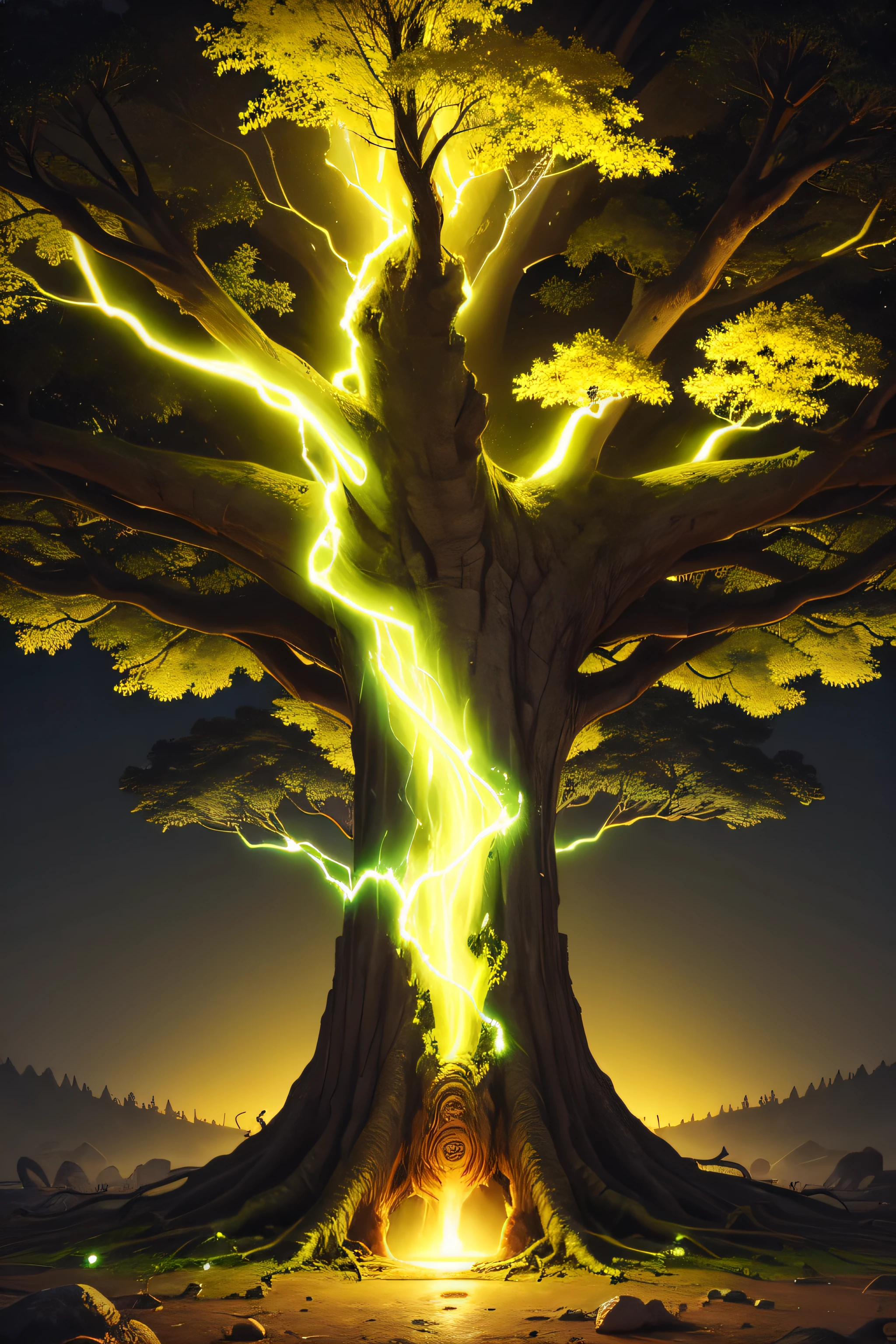 An ancient tree that glows yellow,shock,big vista