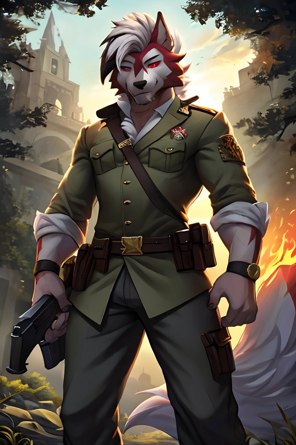 seguro, Beautiful, incredible, impressionante, poster, sozinho, (Twilight Lycanroc), antro, Clothes, usando roupas da segunda guerra alemanha , jaqueta de couro, with a gun in hand, com chapeu de general, Pants, Antecedentes detalhados, cidade, Outside, corpo fisico forte, grande peitorais estufados marcado na roupa de guerra alemanha grandes, macho, man, men