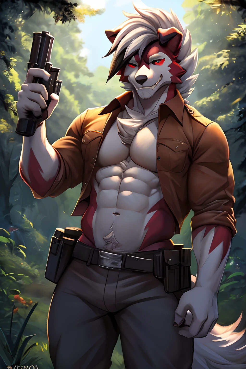 seguro, Beautiful, incredible, impressionante, poster, sozinho, (Twilight Lycanroc), antro, Clothes, usando roupas da segunda guerra alemanha , jaqueta de couro, with a gun in hand, com chapeu de general, Pants, Antecedentes detalhados, cidade, Outside, corpo fisico forte, grande peitorais estufados marcado na roupa de guerra alemanha grandes, macho, man, men