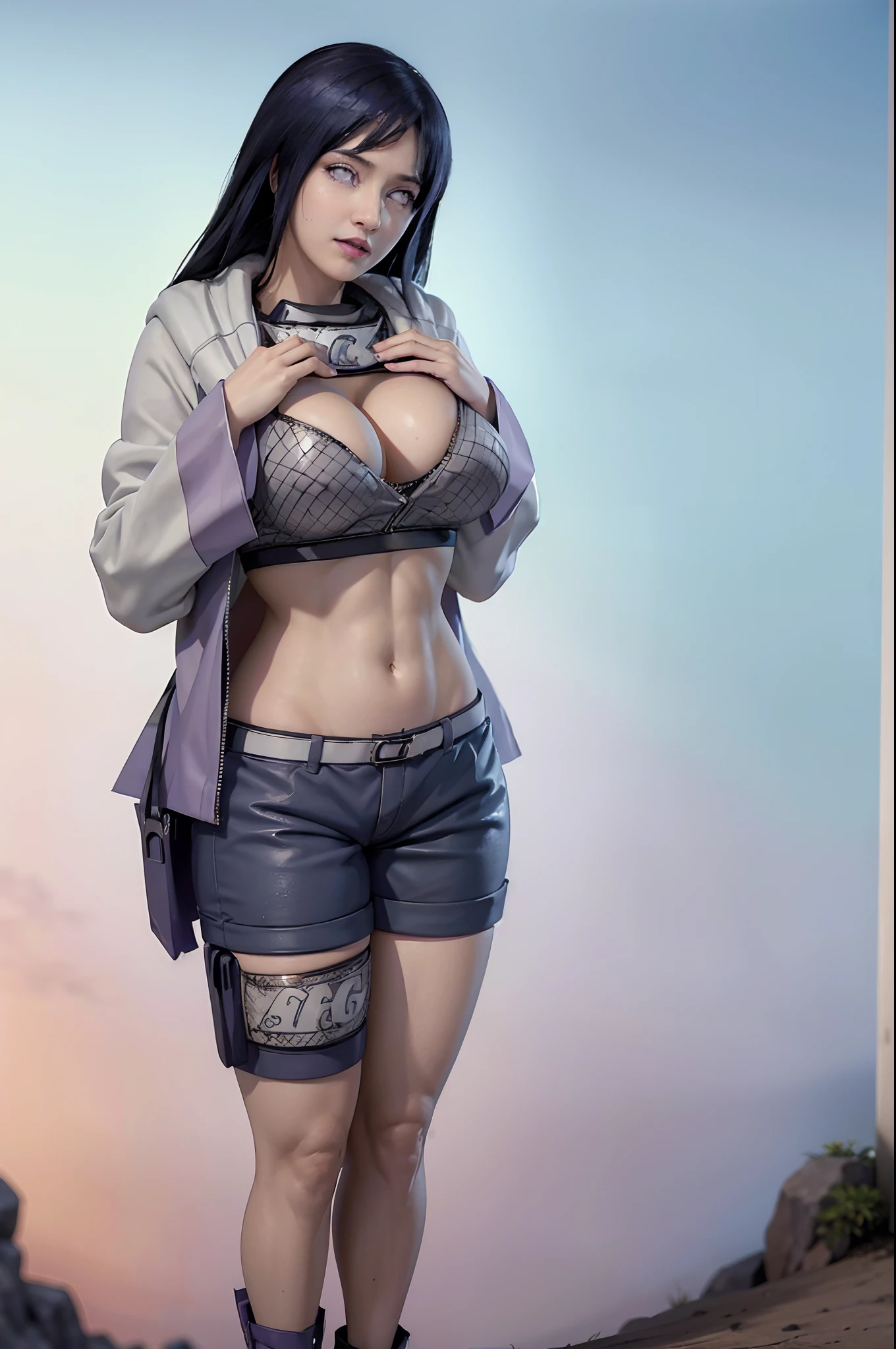 (Obra-prima, Melhor qualidade, Highres:1.4), Detalhado, Detalhes intrincados, 4K, (Solo:1.4), realista, fotorrealista, rosto detalhado, membros detalhados do corpo, 1girl, solo, Hinata Hinata \(Naruto Shippuden\), roupa da personagem Hinata Hyuga \(Naruto Shippuden\) sem mangas, (Byakugan em uma cor branca impressionante:1.5), camisa sem mangas, Dark lips, unzipped jacket, sem calcinha, seios extremos, corpo feminino extremo, corpo inteiro, (sexy)