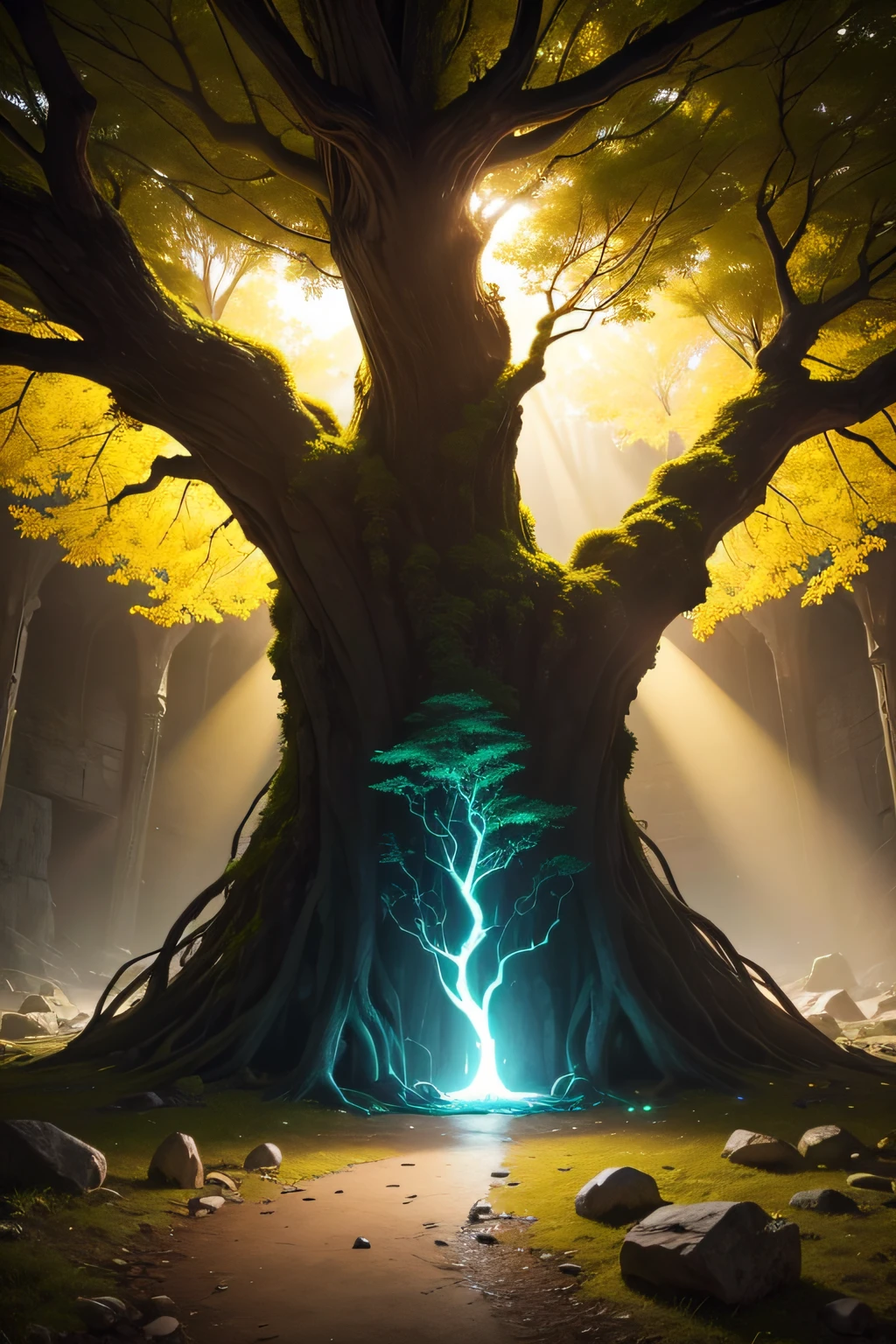 Inside the large dilapidated stone cave is a large tree glowing with golden light,wide,An ancient tree that glows yellow,shock,big vista,at centre,There are wooden boxes around the perimeter containing ore