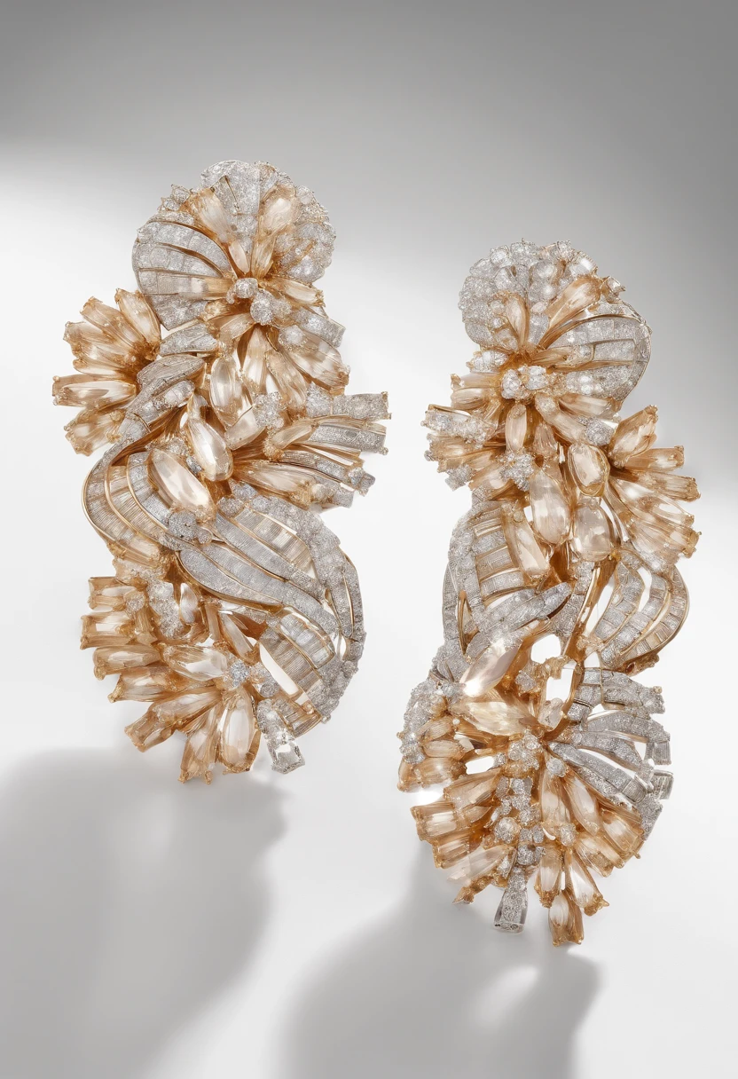 A pair of diamond earrings on a white background, Trompe-l'oeil pleats, light brown and gold, Radiant clusters, Theatrical gestures, Recycled, Wu Tooth, contrasting