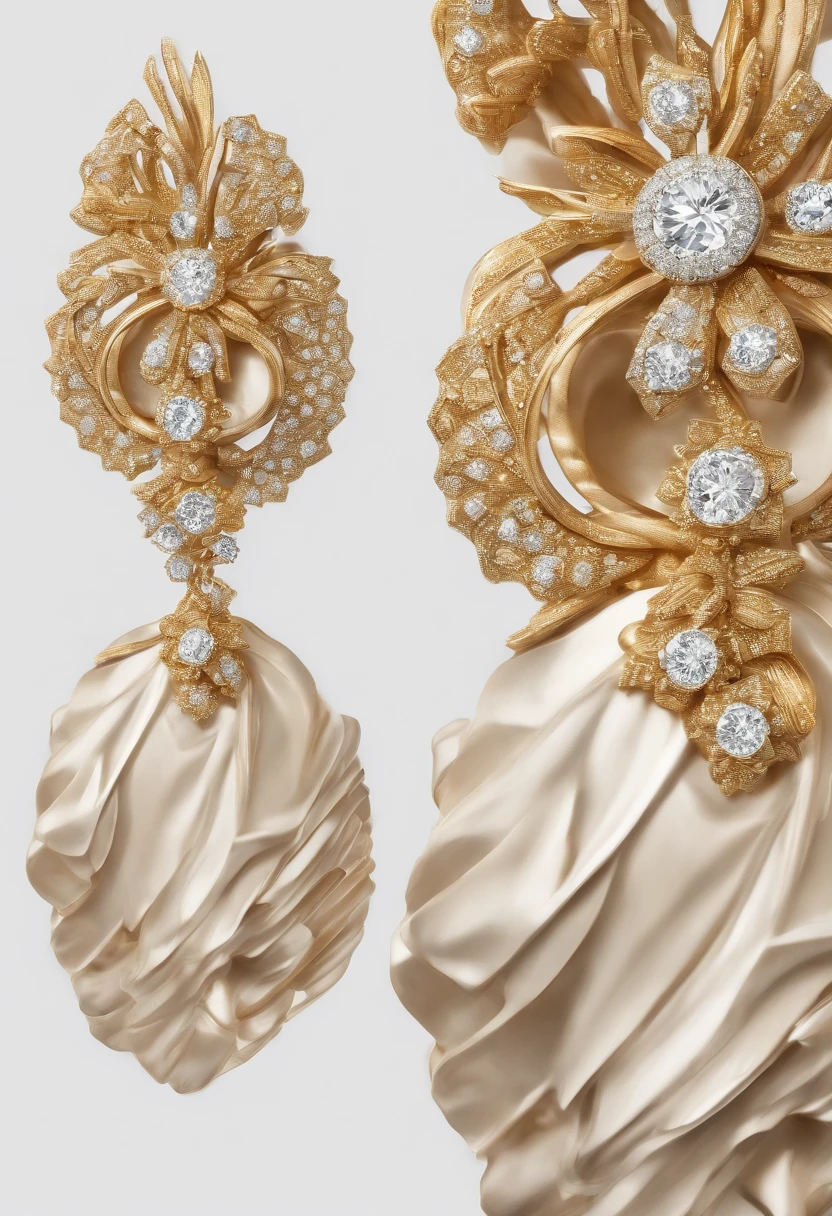 A pair of diamond earrings on a white background, Trompe-l'oeil pleats, light brown and gold, Radiant clusters, Theatrical gestures, Recycled, Wu Tooth, contrasting