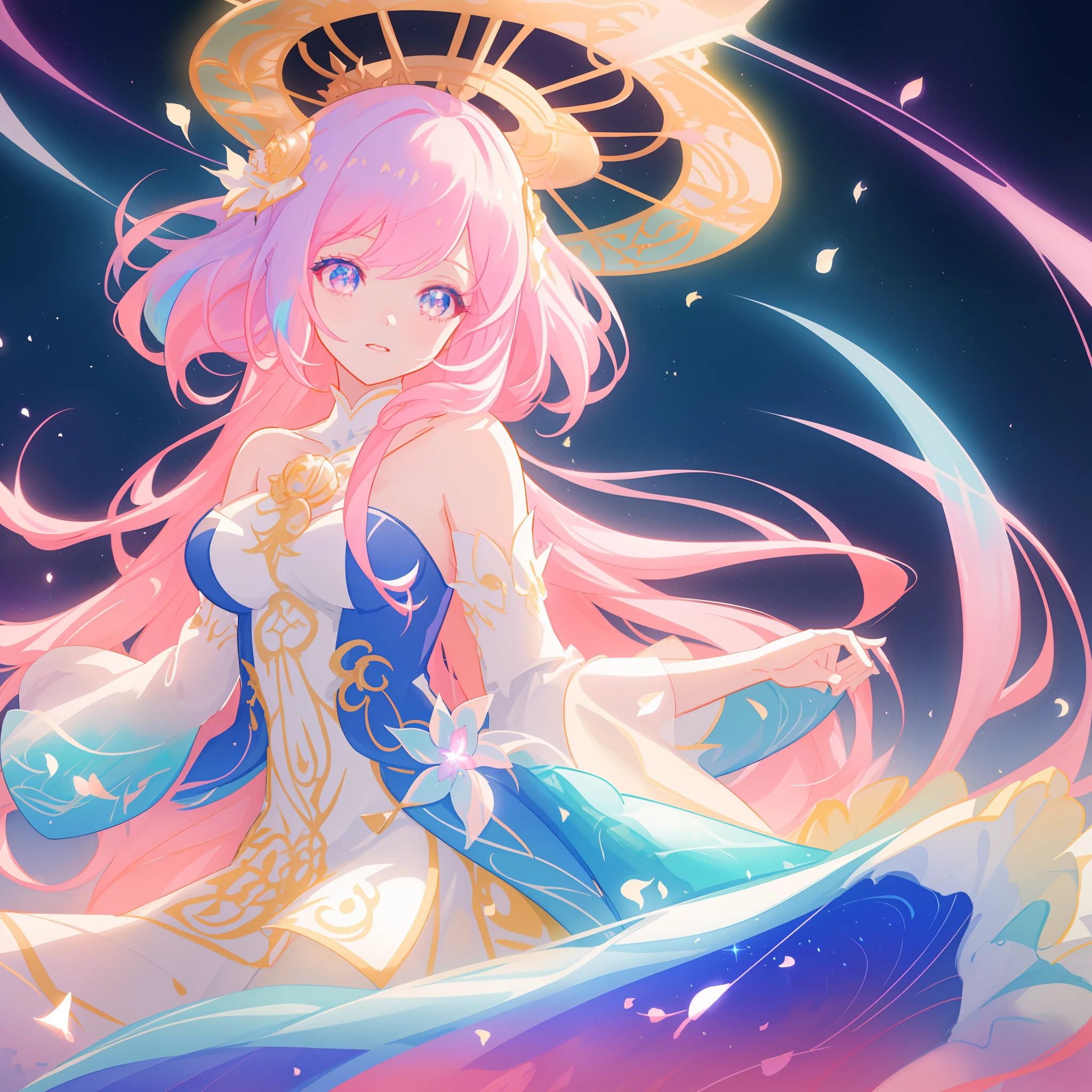 beautiful anime girl in white princess ballgown, vibrant pastel colors, (colorful), magical lights, golden long hair made of liquid light, sparkling lines of light, inspired by Glen Keane, inspired by Lois van Baarle, disney art style, by Lois van Baarle, glowing aura around her, by Glen Keane, jen bartel, glowing lights! digital painting, flowing glowing hair, glowing flowing hair, beautiful digital illustration, fantasia background, whimsical, magical, fantasy, beautiful face, ((masterpiece, best quality)), intricate details, highly detailed, sharp focus, 8k resolution, sparkling detailed eyes, liquid watercolor