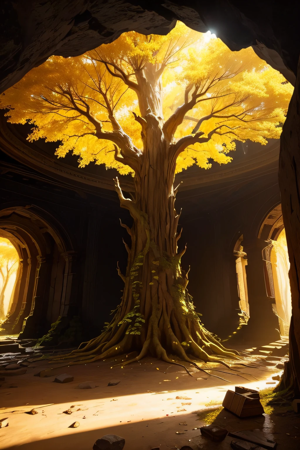 Inside the dilapidated stone cave is a large tree glowing with golden light，An ancient tree that glows yellow，shock，big vista，at centre，There are wooden boxes around the perimeter containing ore