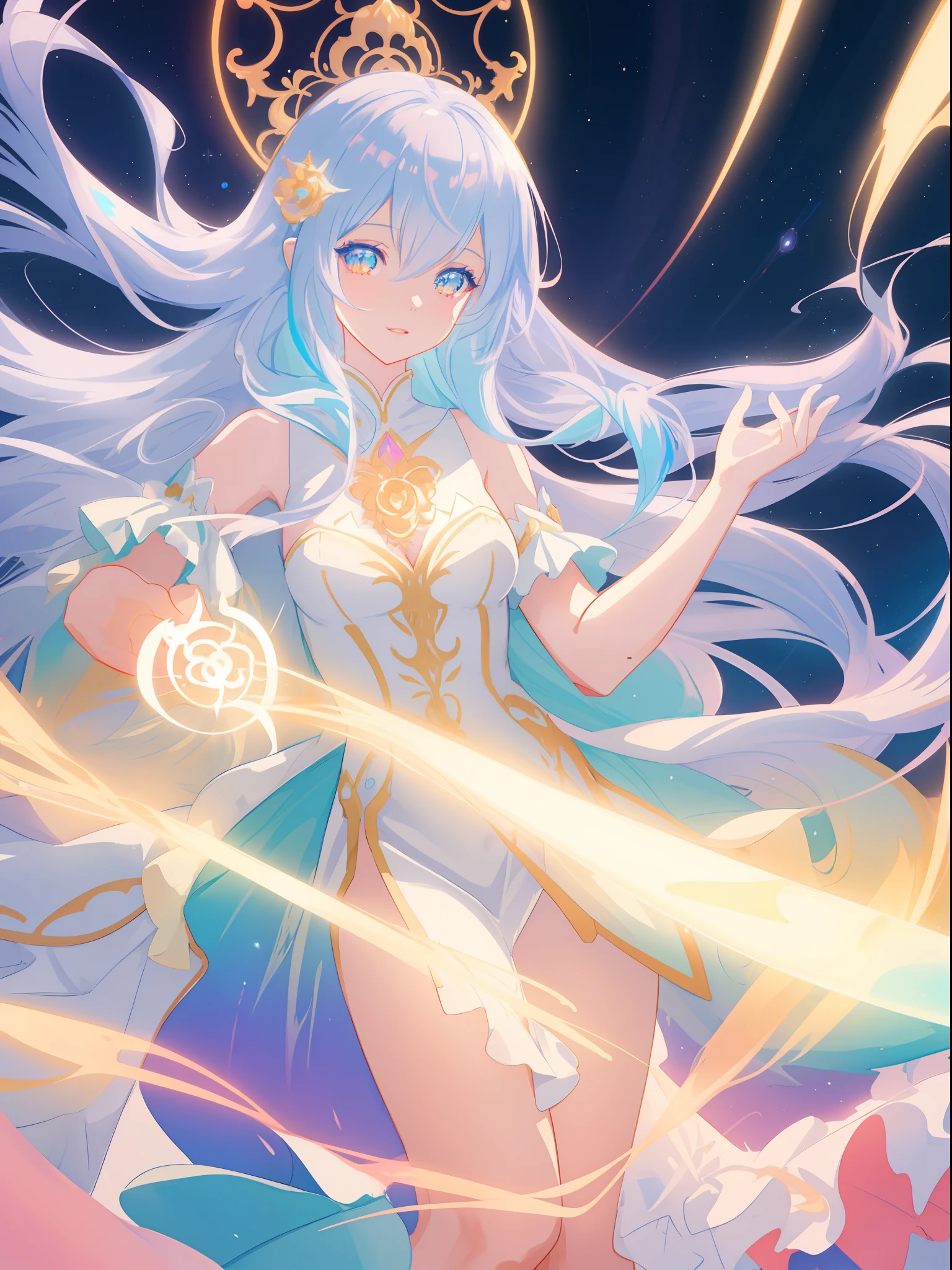 beautiful anime girl in white princess ballgown, vibrant pastel colors, (colorful), magical lights, golden long hair made of liquid light, sparkling lines of light, inspired by Glen Keane, inspired by Lois van Baarle, disney art style, by Lois van Baarle, glowing aura around her, by Glen Keane, jen bartel, glowing lights! digital painting, flowing glowing hair, glowing flowing hair, beautiful digital illustration, fantasia background, whimsical, magical, fantasy, beautiful face, ((masterpiece, best quality)), intricate details, highly detailed, sharp focus, 8k resolution, sparkling detailed eyes, liquid watercolor