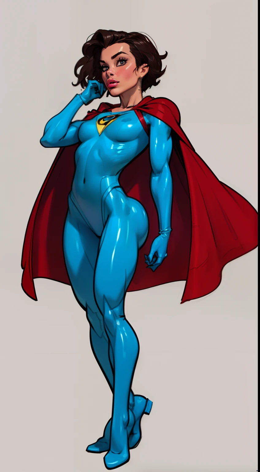 ((masterpiece)),(((best quality))),((character design sheet)), ((full body view)) illustration,(female superhero), muscular, ((blue bodysuit:1.5)), superhero, (dark brown hair:1.2), (red cape:1.5) ((detailed face:1.4)) beautiful woman, (small head:1.2) ((small breasts:1.4)) (red thighhighs:1.3)(messy hair:1.4), (blunt buzzcut:1.4), (long sideburns:1.4), shiny skin, (yellow logo on chest:1.4)(puffy lips:1.5), (full lips:1.4) (wide hips:1.3), hip dips, detailed lips, (red gloves:1.2) rough sketches, pose, 8k,16k, (simple background, white background: 1.3)