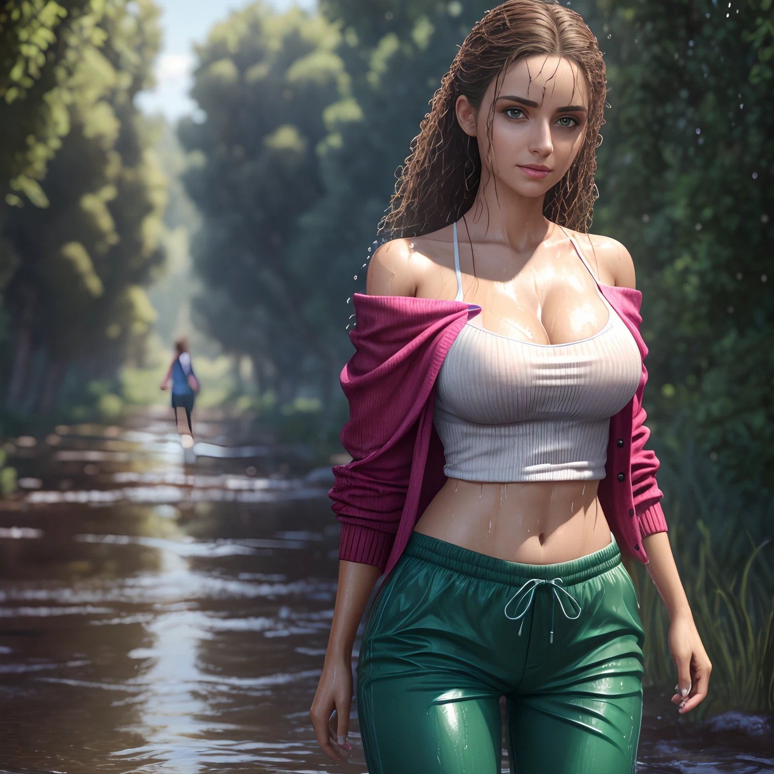 A nerdish woman, wearing cotton pants and off the shoulder cardigan, sunny day, RAW, UHD, 8K, highly detailed face, stunning eyes, primary colors,mexican,
masterpiece,ultra realistic,32k,extremely detailed CG unity 8k wallpaper, best quality, shapely, clothes clinging, wet clothes, drenched, wet hair, wet skin