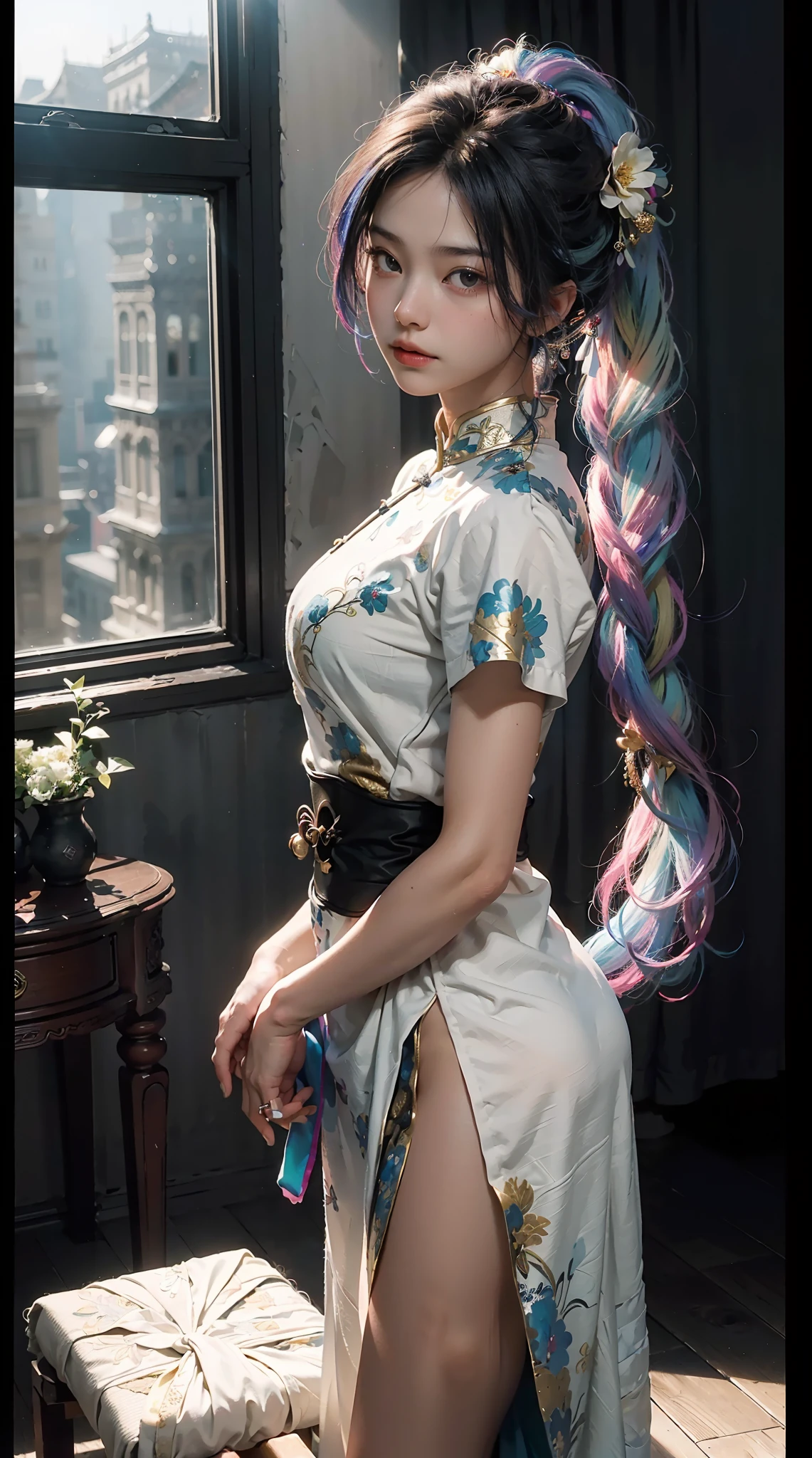 (Extreme Detail CG Unity 8K Wallpapers,tmasterpiece,Highest image quality),(Delicate light and shadow,The picture is highly dramatic,Cinematic lens effect),A girl in a colorful costume,(Rainbow color hair color),From the Mars parallel universe,Wenger,Marvel,dynamicposes),(Exceptional detail,The lighting effect is outstanding,Vista wide angle),(Excellent rendering,Enough to stand out from the crowd),The focus is on tight Chinese clothing,Intricate decorative flower texture