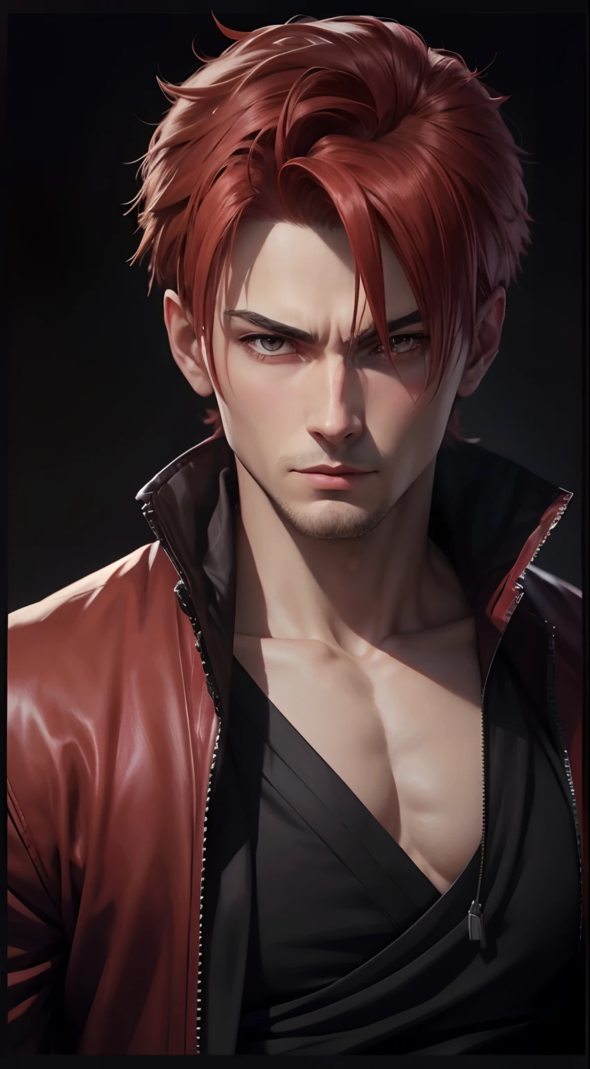 um close up de um homem com cabelos ruivos e uma jaqueta de couro, badass anime 8 k, arte de anime realista, estilo realismo anime, homem bonito anime, feito com anime painter studio, realistic anime art style, personagem de anime masculino, Retrato anime de um homem bonito, personagem estilo anime, retrato de personagem de anime, [ Arte digital 4K ]!! Cabelos vermelhos longos, folded arms, cabelo comprido, Kimono branco, cachecol branco