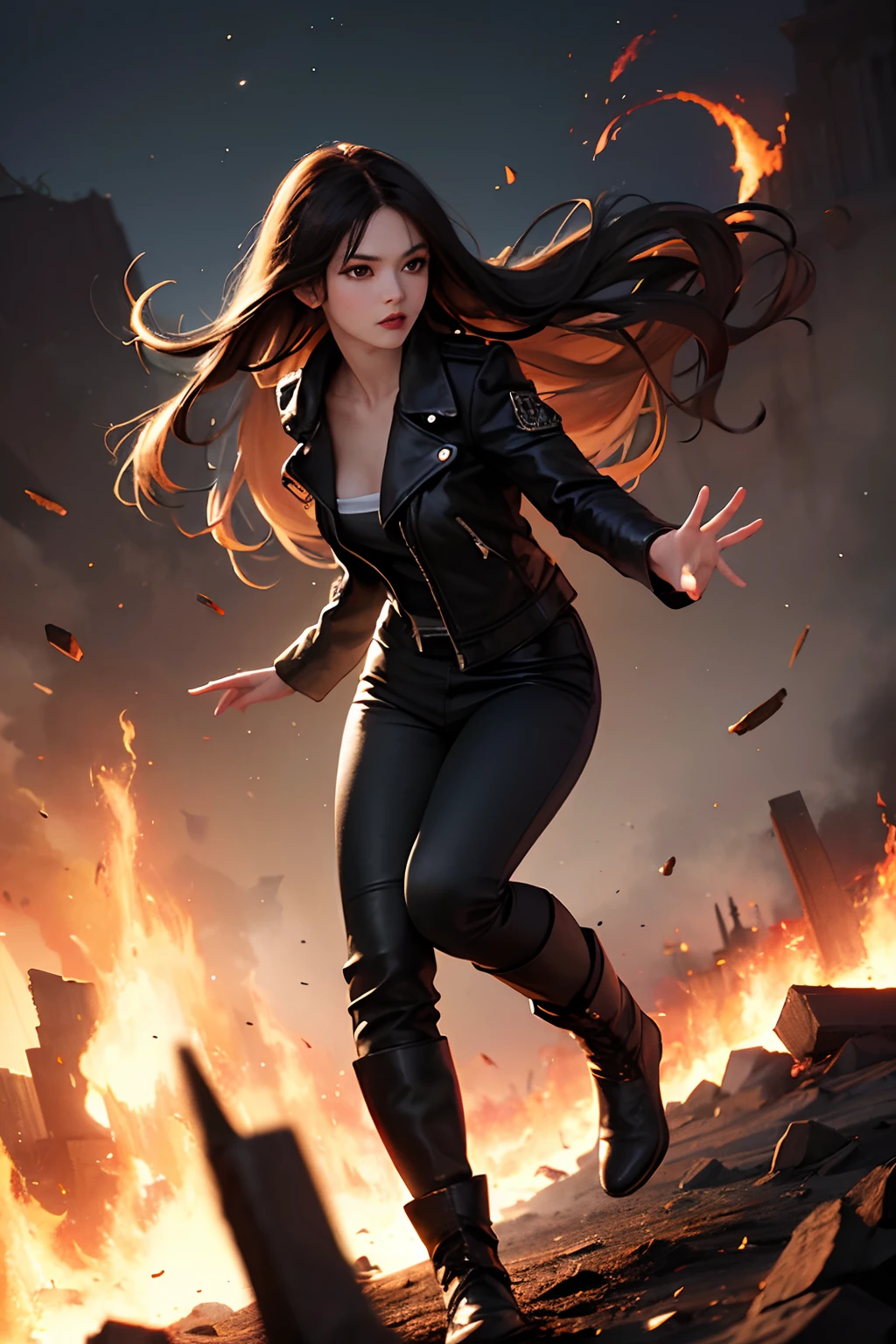 1girl, long curly black hair, brown eyes, wearing black leather jacket, black leather long pants, black boots, high res, ultrasharp, 8K, masterpiece, looking at viewer, full body photo, magnificent scene, epic scenes, fire, battlefield, smoke, ember, gothic, large moon, ghost, jumping action, fighting action, sparkle