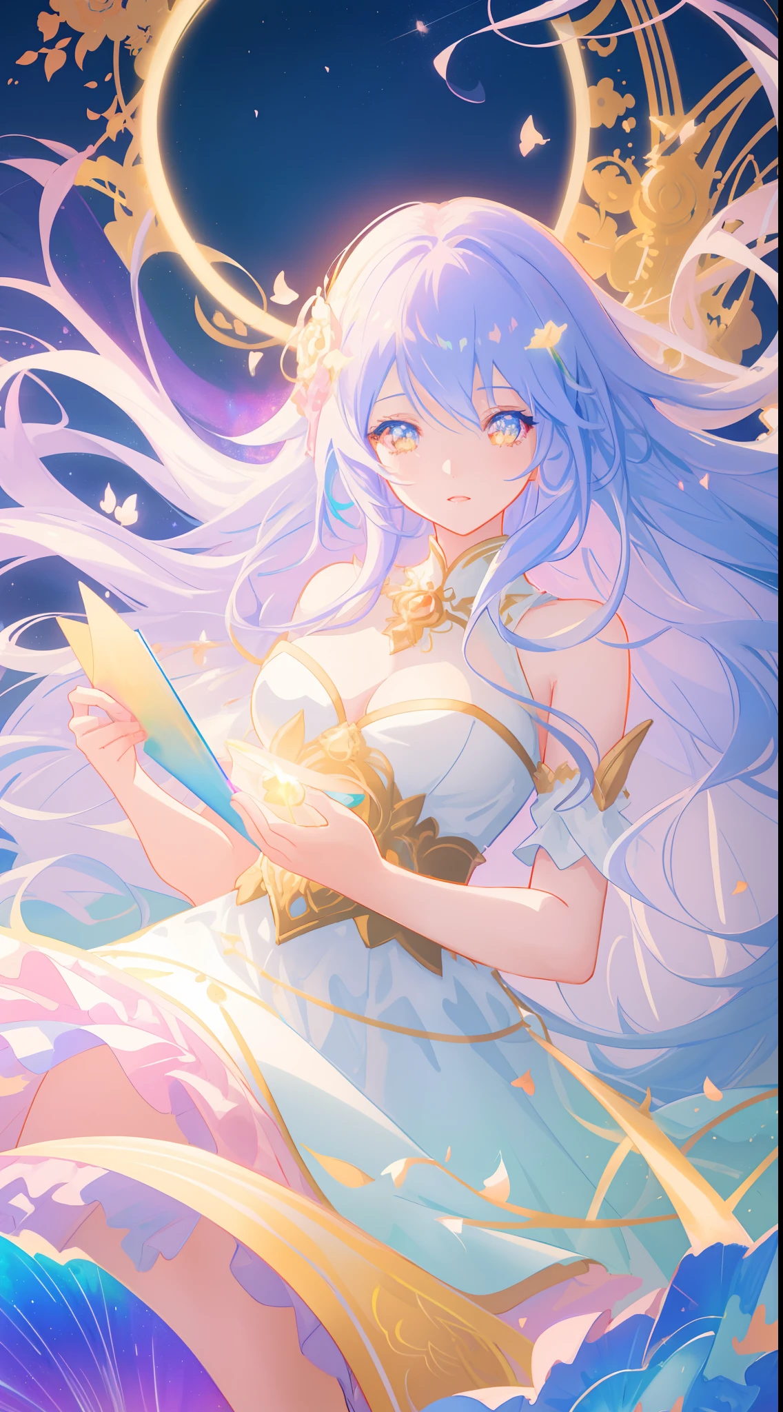 beautiful anime girl in white princess ballgown, vibrant pastel colors, (colorful), magical lights, golden long hair made of liquid light, sparkling lines of light, inspired by Glen Keane, inspired by Lois van Baarle, disney art style, by Lois van Baarle, glowing aura around her, by Glen Keane, jen bartel, glowing lights! digital painting, flowing glowing hair, glowing flowing hair, beautiful digital illustration, fantasia background, whimsical, magical, fantasy, beautiful face, ((masterpiece, best quality)), intricate details, highly detailed, sharp focus, 8k resolution, sparkling detailed eyes, liquid watercolor