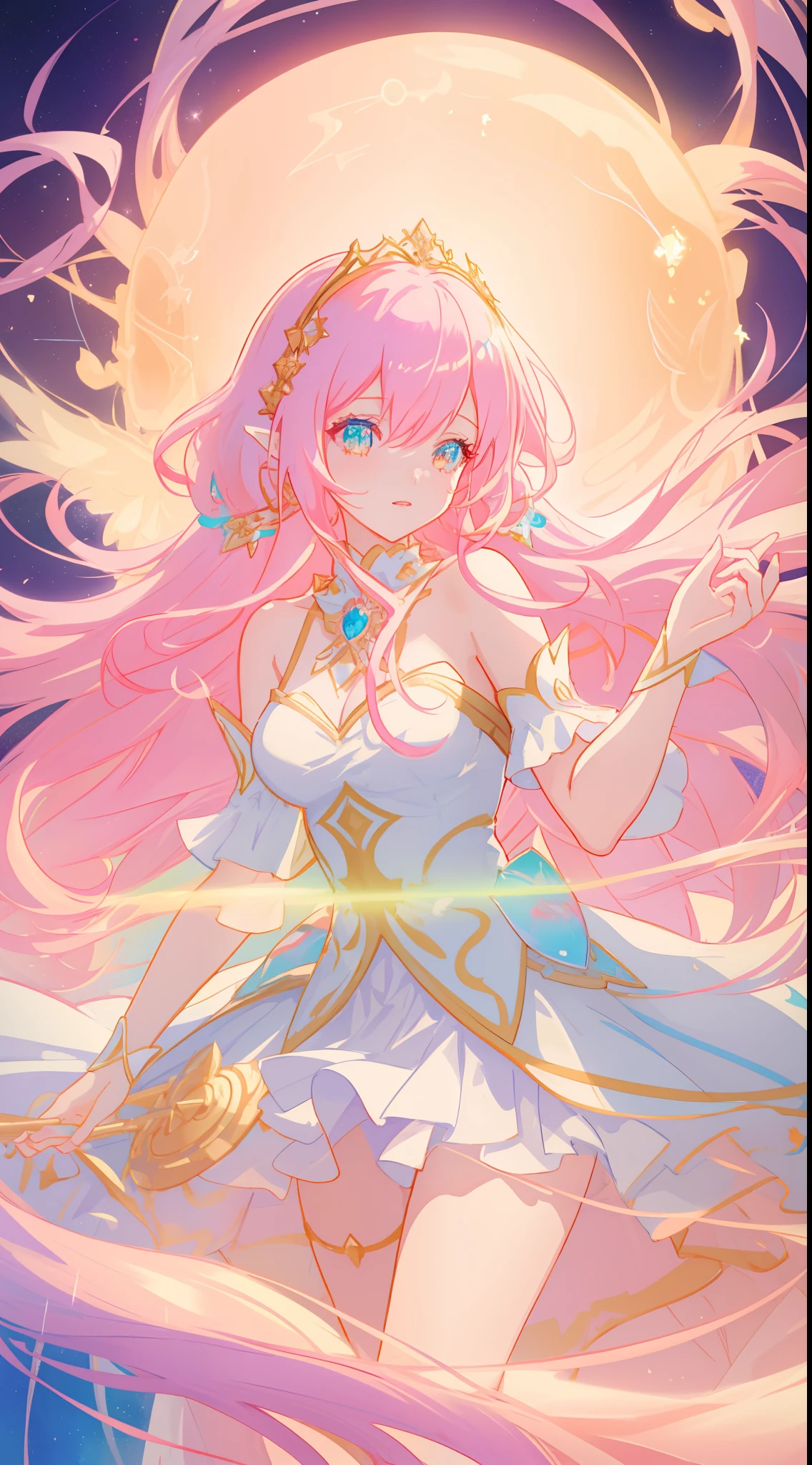 beautiful anime girl in white princess ballgown, vibrant pastel colors, (colorful), magical lights, red and gold long wavy curly hair, sparkling lines of light, inspired by Glen Keane, inspired by Lois van Baarle, disney art style, by Lois van Baarle, glowing aura around her, by Glen Keane, jen bartel, glowing lights! digital painting, flowing glowing hair, glowing flowing hair, beautiful digital illustration, fantasia background, whimsical, magical, fantasy, beautiful face, ((masterpiece, best quality)), intricate details, highly detailed, sharp focus, 8k resolution, sparkling detailed eyes, liquid watercolor