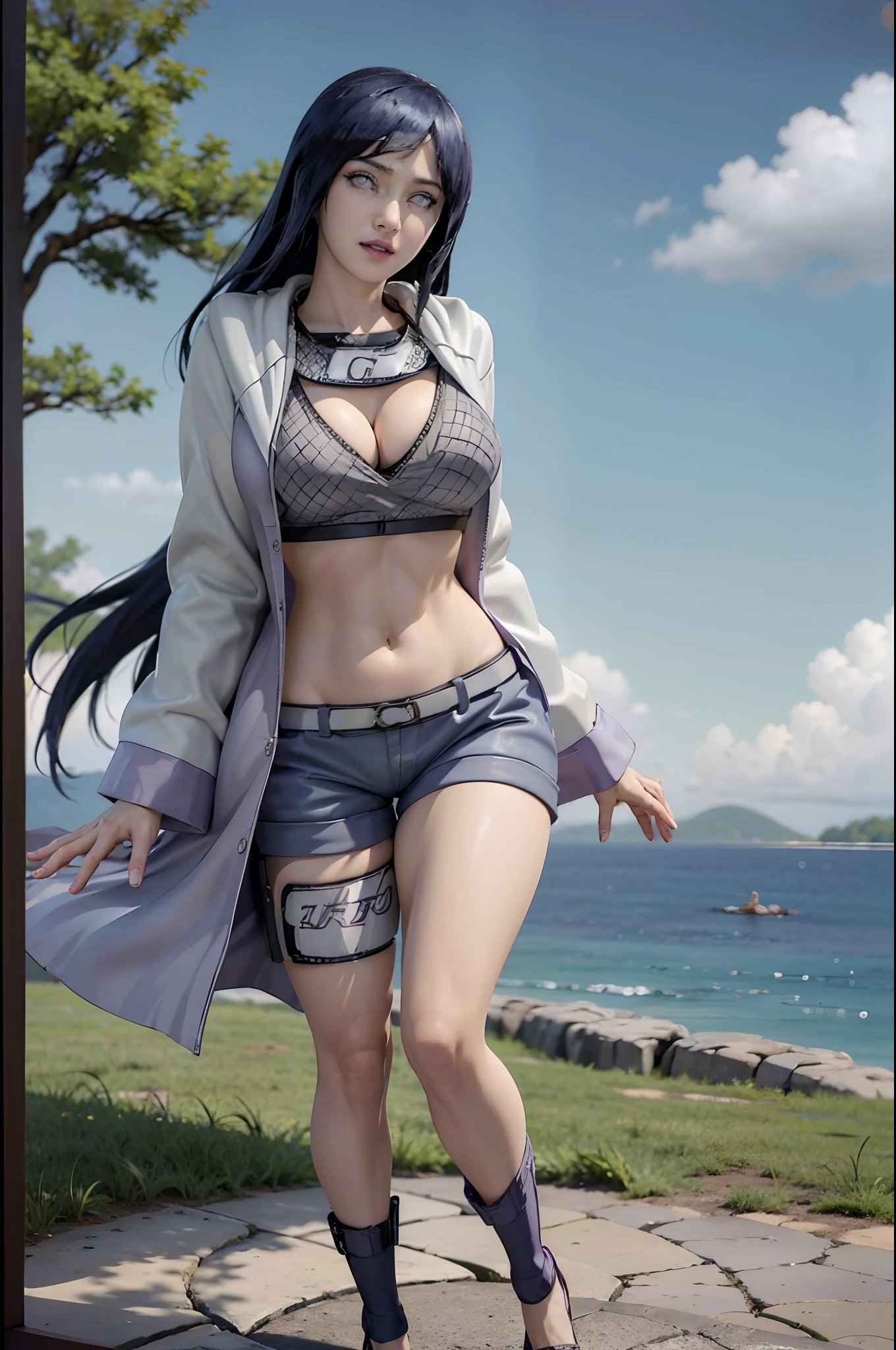 (Obra-prima, Melhor qualidade, Highres:1.4), Detalhado, Detalhes intrincados, 4K, (Solo:1.4), realista, fotorrealista, rosto detalhado, membros detalhados do corpo, 1girl, solo, Hinata Hinata \(Naruto Shippuden\), roupa da personagem Hinata Hyuga \(Naruto Shippuden\) sem mangas, (Byakugan em uma cor branca impressionante:1.5), camisa sem mangas, Dark lips, unzipped jacket, sem calcinha, seios extremos, corpo feminino extremo, corpo inteiro, (sexy)