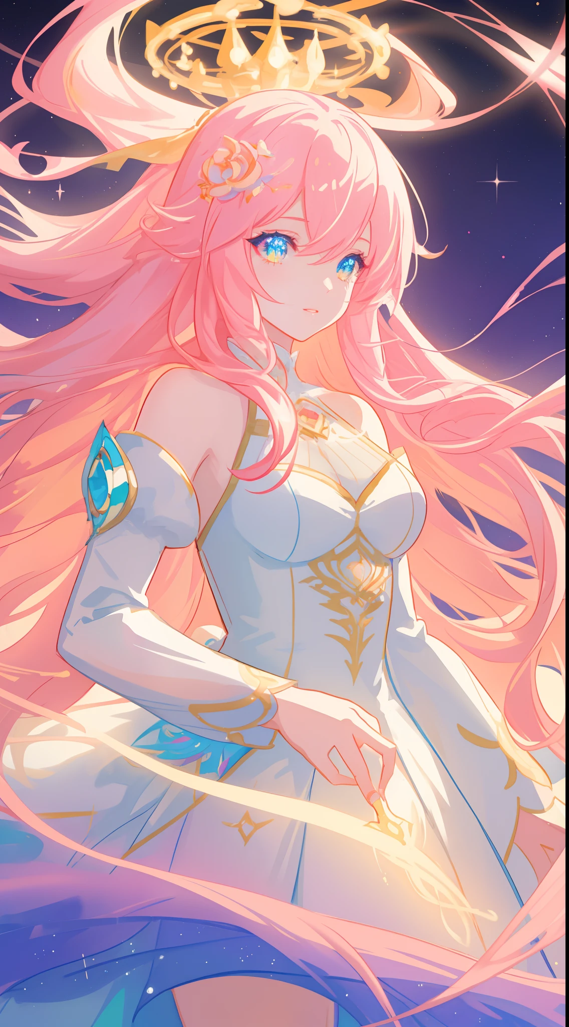 beautiful anime girl in white princess ballgown, vibrant pastel colors, (colorful), magical lights, golden long hair made of liquid light, sparkling lines of light, inspired by Glen Keane, inspired by Lois van Baarle, disney art style, by Lois van Baarle, glowing aura around her, by Glen Keane, jen bartel, glowing lights! digital painting, flowing glowing hair, glowing flowing hair, beautiful digital illustration, fantasia background, whimsical, magical, fantasy, beautiful face, ((masterpiece, best quality)), intricate details, highly detailed, sharp focus, 8k resolution, sparkling detailed eyes, liquid watercolor