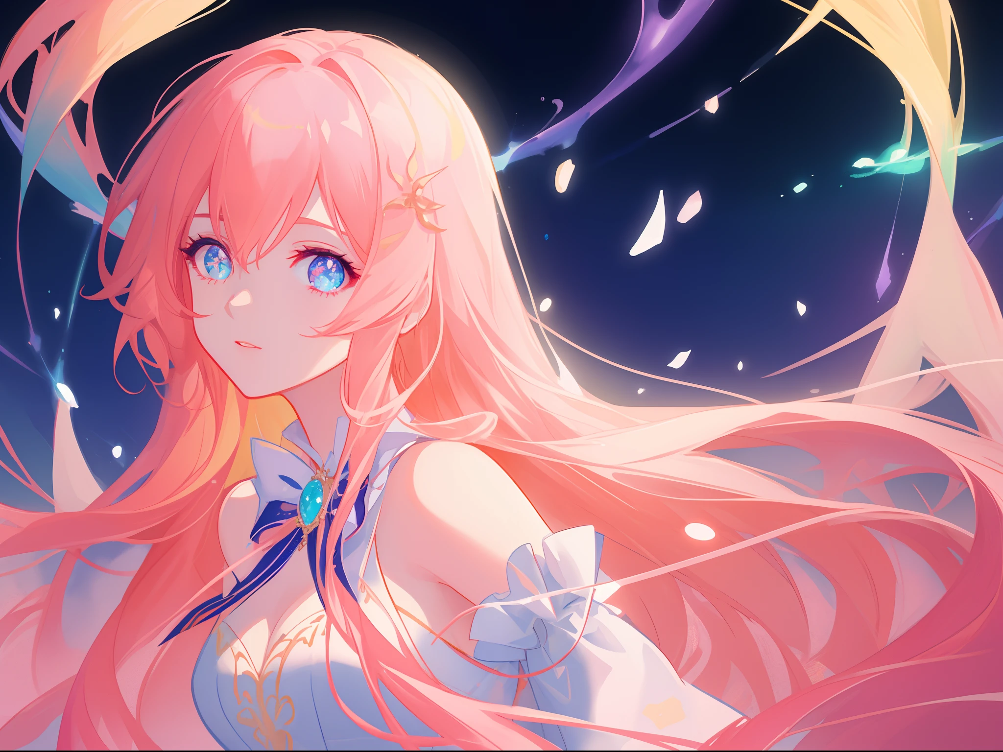 beautiful anime girl in white princess ballgown, vibrant pastel colors, (colorful), magical lights, golden long hair made of liquid light, sparkling lines of light, inspired by Glen Keane, inspired by Lois van Baarle, disney art style, by Lois van Baarle, glowing aura around her, by Glen Keane, jen bartel, glowing lights! digital painting, flowing glowing hair, glowing flowing hair, beautiful digital illustration, fantasia background, whimsical, magical, fantasy, beautiful face, ((masterpiece, best quality)), intricate details, highly detailed, sharp focus, 8k resolution, sparkling detailed eyes, liquid watercolor
