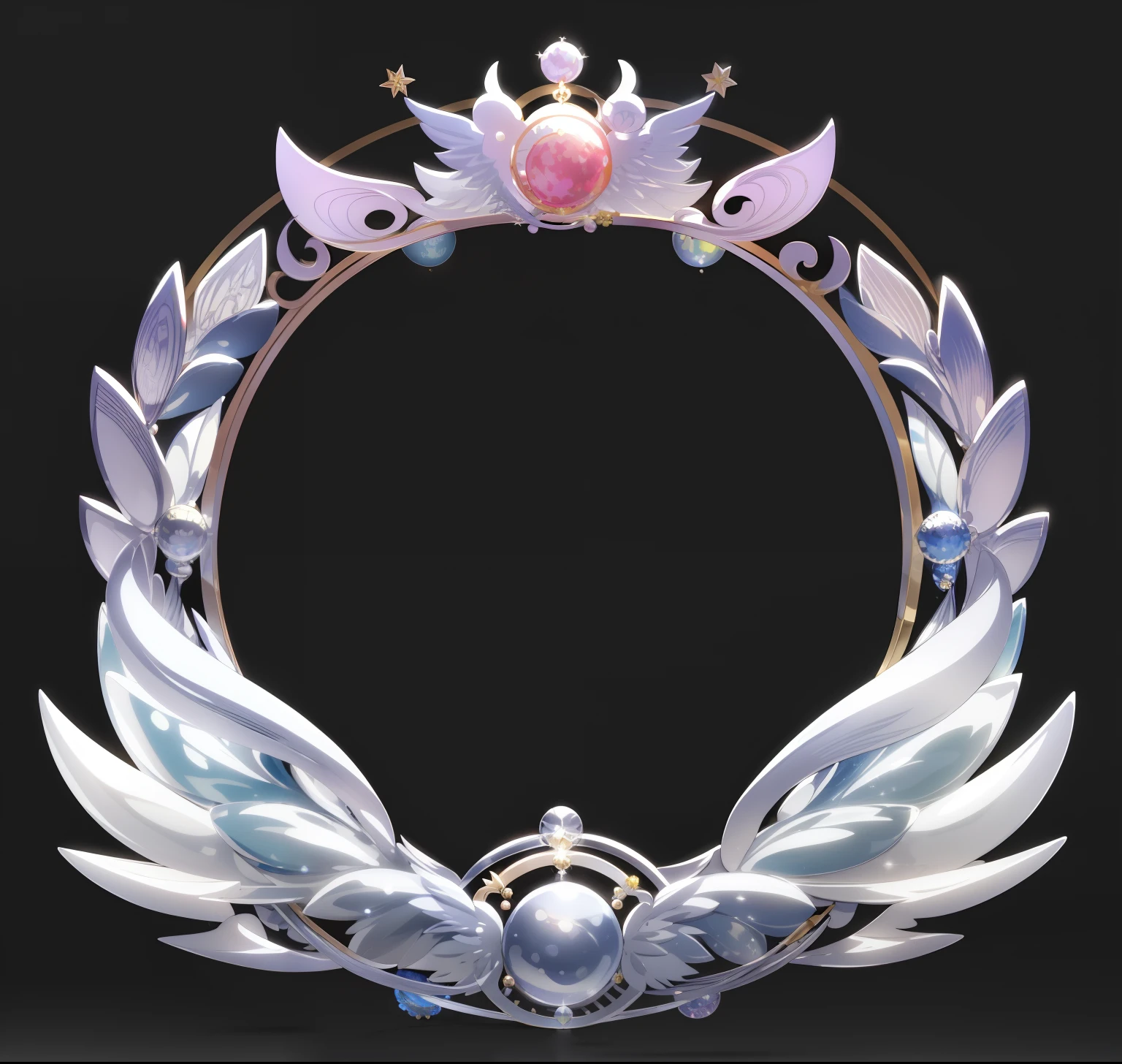 Close-up of a circular frame with a crown and wings, circle of the crone, ornamental halo, intricate ornament halo, silver insignia, ornament crown, emblem of wisdom, kda, ultra realistic fantasy tiara, silver wings, symmetrical crown, shadowverse style, Jewel Crown, tiara crown (white lasers), Ouroboros, ornate border + concept-art, angelic halo