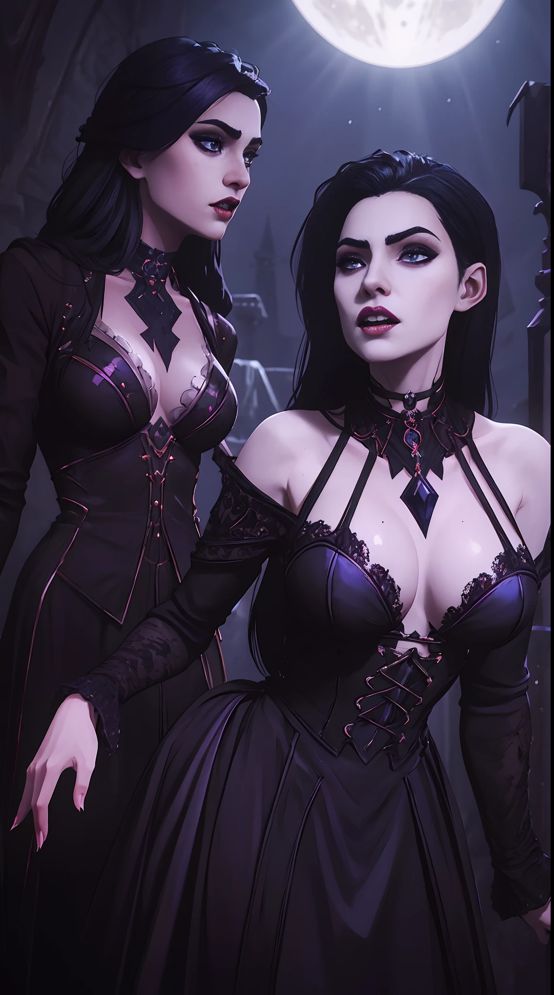 best quality,ultra-detailed,gothic,beautiful detailed eyes,beautiful detailed lips,long black hair,pale skin,black dress,roses,moonlight,sharp fangs,dark atmosphere,haunting,ethereal,nighttime,fangs gleaming,bloodlust,hypnotic gaze,vampire (( breast))