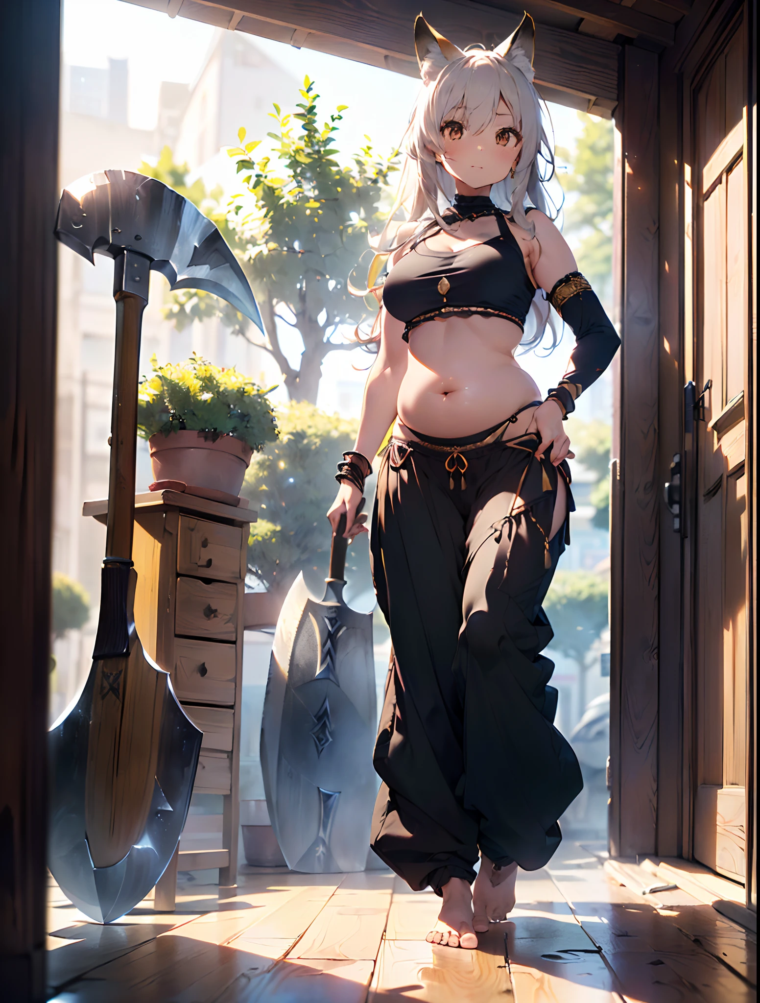 (best quality,4k,8k,highres,masterpiece:1.2),ultra-detailed, ((fox girl)), ((cute)), ((perfect face)), ((expressive face)), (((full body))), ((perfect body)), (((standing pose))), (((big battle axe))), (((perfect axe))), (((detailed axe))), (((very baggy and long belly dance harem pants))), (((perfect pants))), (((detailed clothes))), (((bare feet))), ((fully detailed)),illustration,vivid colors