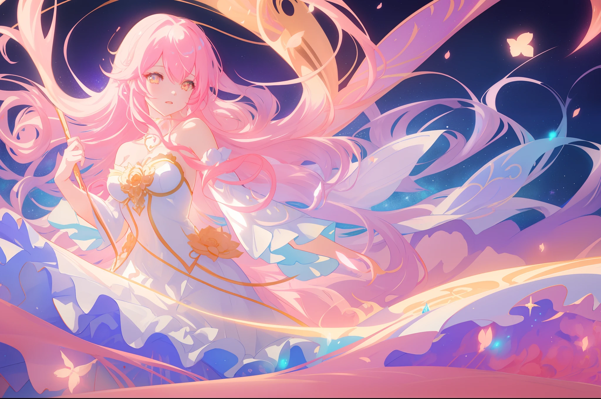 beautiful anime girl in white princess ballgown, vibrant pastel colors, (colorful), magical lights, golden long hair made of liquid light, sparkling lines of light, inspired by Glen Keane, inspired by Lois van Baarle, disney art style, by Lois van Baarle, glowing aura around her, by Glen Keane, jen bartel, glowing lights! digital painting, flowing glowing hair, glowing flowing hair, beautiful digital illustration, fantasia background, whimsical, magical, fantasy, beautiful face, ((masterpiece, best quality)), intricate details, highly detailed, sharp focus, 8k resolution, sparkling detailed eyes, liquid watercolor