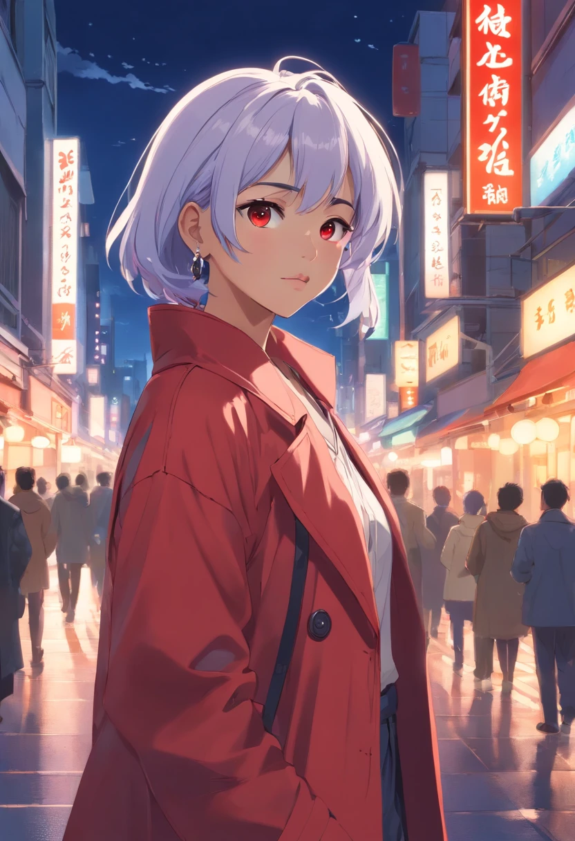 "Young woman, black skin, of Filipino descent, white hair with a high undercut style, wears red Hanafuda earrings in her ears, lavender-colored eyes with long eyelashes, dons a red trench coat and matching pants, displaying a mocking expression on her face, with a well-defined physique. She walks down a crowded street, blurring the pedestrians to emphasize the woman. Create the image with a realistic, nighttime style, with the moon at its zenith. Make the image high-quality, with a 16:9 aspect ratio and a 4k resolution."