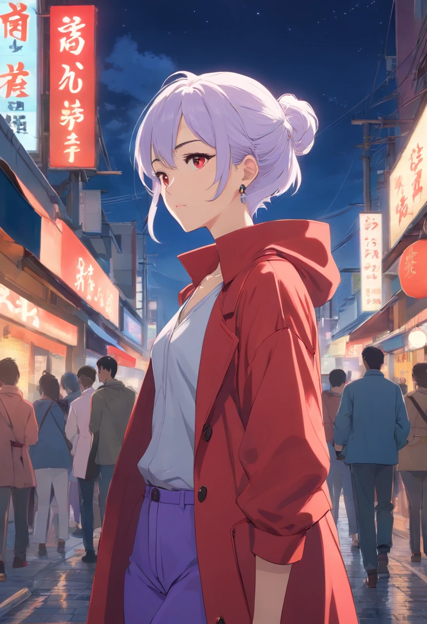 "Young woman, black skin, of Filipino descent, white hair with a high undercut style, wears red Hanafuda earrings in her ears, lavender-colored eyes with long eyelashes, dons a red trench coat and matching pants, displaying a mocking expression on her face, with a well-defined physique. She walks down a crowded street, blurring the pedestrians to emphasize the woman. Create the image with a realistic, nighttime style, with the moon at its zenith. Make the image high-quality, with a 16:9 aspect ratio and a 4k resolution."