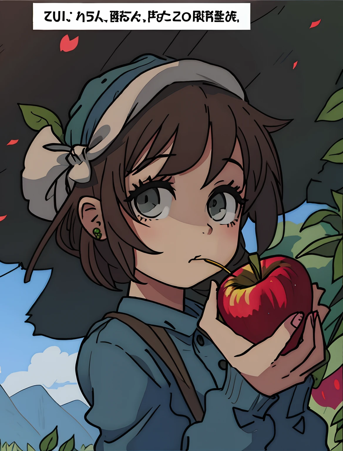 Bald man in field hat eating an apple style 2D cartoon anime