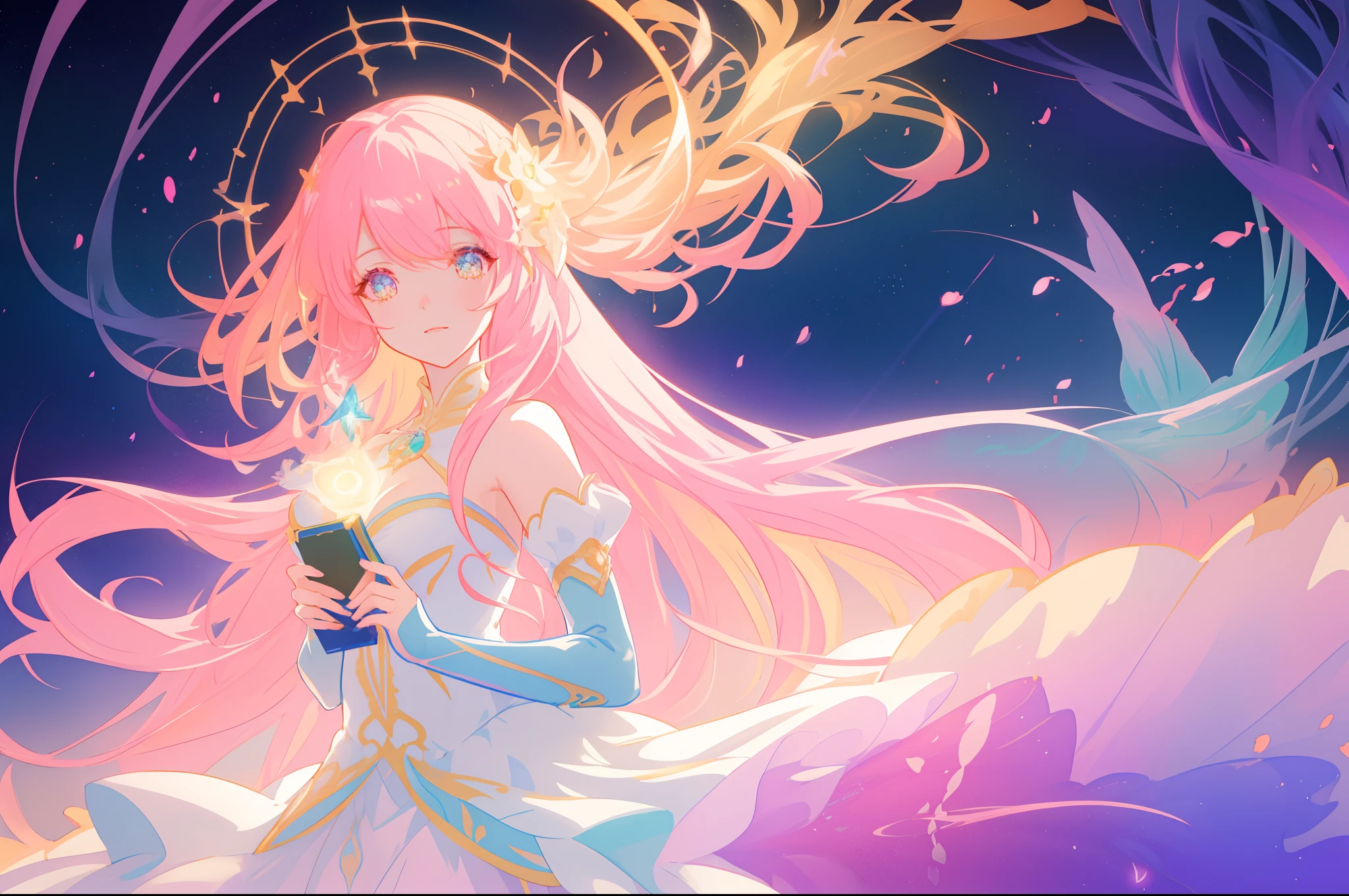 (best quality1.4)++, (masterpiece1.4)++, (detailed1.4)+, 1girl, cute face, fox girl, ice queen, (long pink hair)+, elegant, royal, cute, barefoot, detailed pink jacket, cute multilayered skirt, gold jewelry, full body shot, natural lighting, soft lighting, dramatic lighting, highly detailed, unreal engine, bokeh, 8k uhd, raytracing, lumen reflections, volumetric fog, Digital art, character design, concept art, divine, celestial, featured on pixiv, epic composition