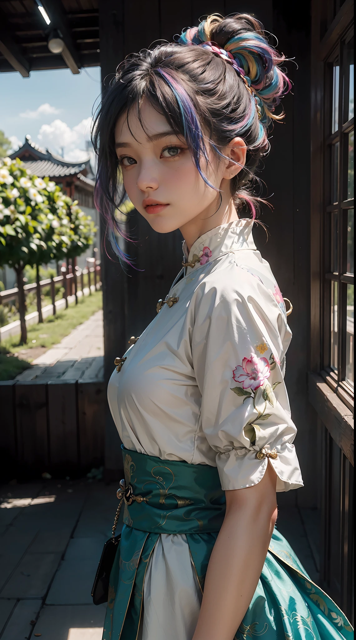 (Extreme Detail CG Unity 8K Wallpapers，tmasterpiece，Highest image quality)，(Delicate light and shadow，The picture is highly dramatic，Cinematic lens effect)，(A girl in a colorful costume)，(Rainbow color hair color)，From the Mars parallel universe，Wenger，Marvel，dynamicposes)，(Exceptional detail，The lighting effect is outstanding，Vista wide angle)，(Excellent rendering，Enough to stand out from the crowd)，The focus is on tight Chinese clothing，Intricate decorative flower texture