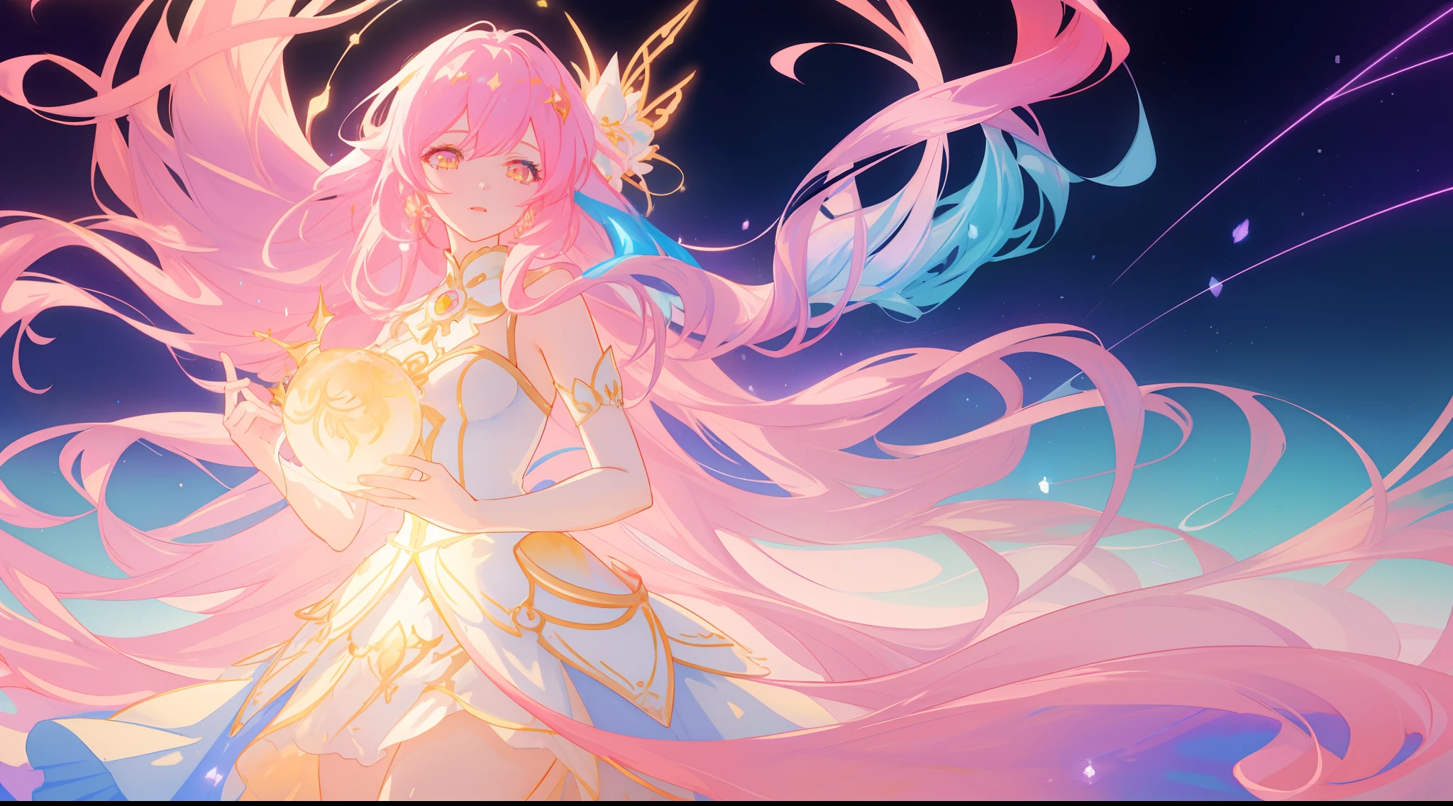 beautiful anime girl in white princess ballgown, vibrant pastel colors, (colorful), magical lights, golden long hair made of liquid light, sparkling lines of light, inspired by Glen Keane, inspired by Lois van Baarle, disney art style, by Lois van Baarle, glowing aura around her, by Glen Keane, jen bartel, glowing lights! digital painting, flowing glowing hair, glowing flowing hair, beautiful digital illustration, fantasia background, whimsical, magical, fantasy, beautiful face, ((masterpiece, best quality)), intricate details, highly detailed, sharp focus, 8k resolution, sparkling detailed eyes, liquid watercolor