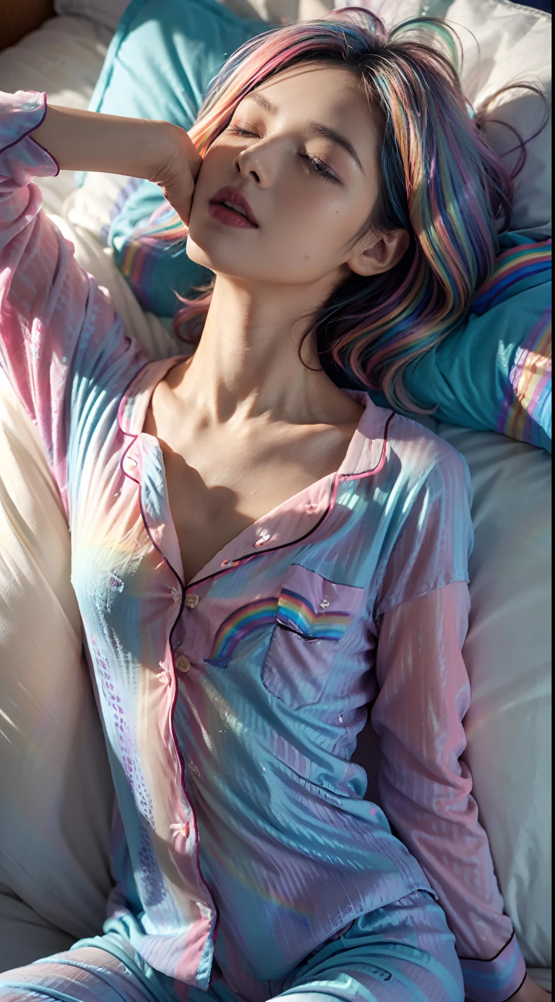 (shoulder-length straight short hair: 1.2),(rainbow color hair:1.5),（Extremely meticulous CG 8k wallpaper），（Extremely refined and beautiful），（Masterpiece），（best qualtiy:1.0），（Ultra High Resolution:1.0），beautiful light up，Perfect lightning，realistic shaded，[A high resolution]，Smooth and flawless fair skin，Extremely exquisite facial details，ultra - detailed，A  girl，small head,dawn,Dim light,Close Shot,at home,in bedroom,lying flat on back in bed,Blue green background,(Close eyes:1.5), sleeping, fainting, enjoying a comfortable and intoxicated expression,(open mouth:1.3),(drooling:1.4)，Top down overhead camera perspective，small face,（perfect body:1.1）,small breasts，flat chest，slim,(rainbow color pajama shirt:1.5),(white pantyhose:1.3),Slender legs,m-legs,(femal orgasmic:1.5),(blush:1.3),ahegao,cowboy shot,portrait