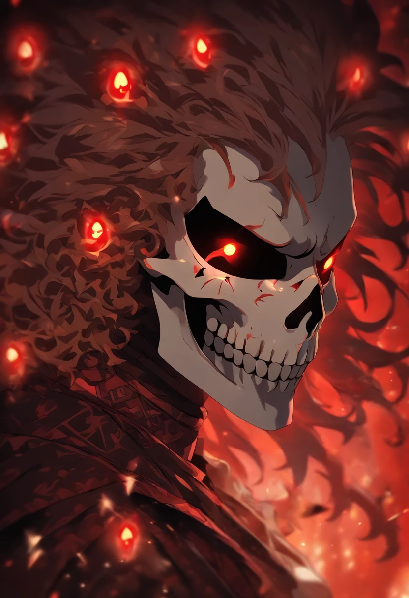 Person wearing a Skull masquerade mask, colors white and brown, glowing red eyes, masterpiece, best quality