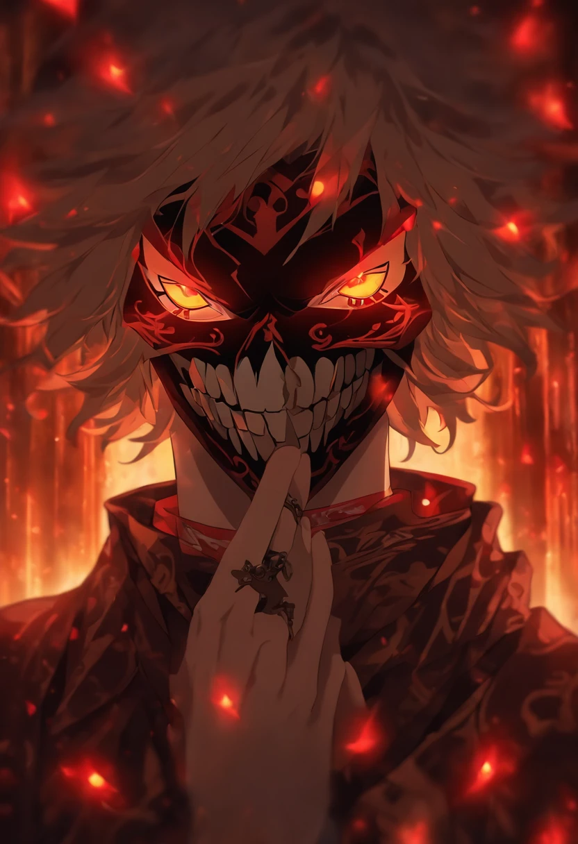 Person wearing a Skull masquerade mask, colors white and brown, glowing red eyes, masterpiece, best quality