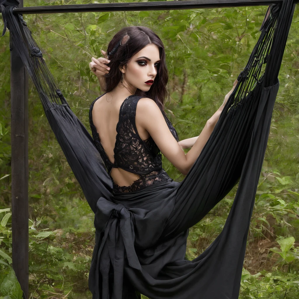 Girl with symbolic clothes of gothic hammock, 。.com (Arame farpado do corpo) cabelos morenos，Extremidades dos cabelos grisalhos mulher gorda com seios enormes e pele negra e cabelos transado grande rapunzel