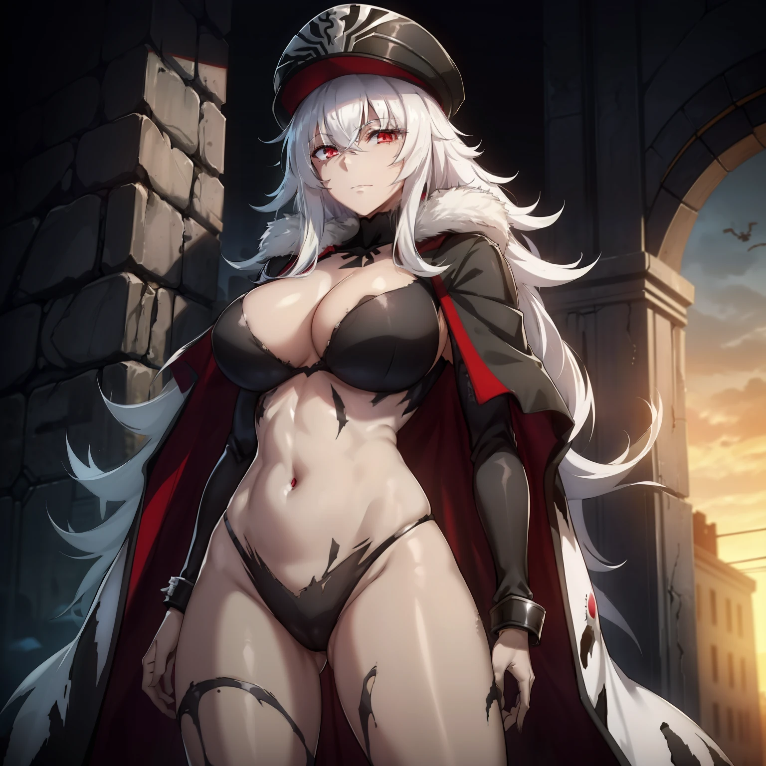 1girl,gigantic breasts,standing in ruined city,(8k),scratches,detailed face,white hair,red eyes,long hair,embarassed,small smile face,high_res, high_definition,the battlefield,Heroic pose,dark suit,military hat,black cape,(symbiote spider man Custome:1.1),