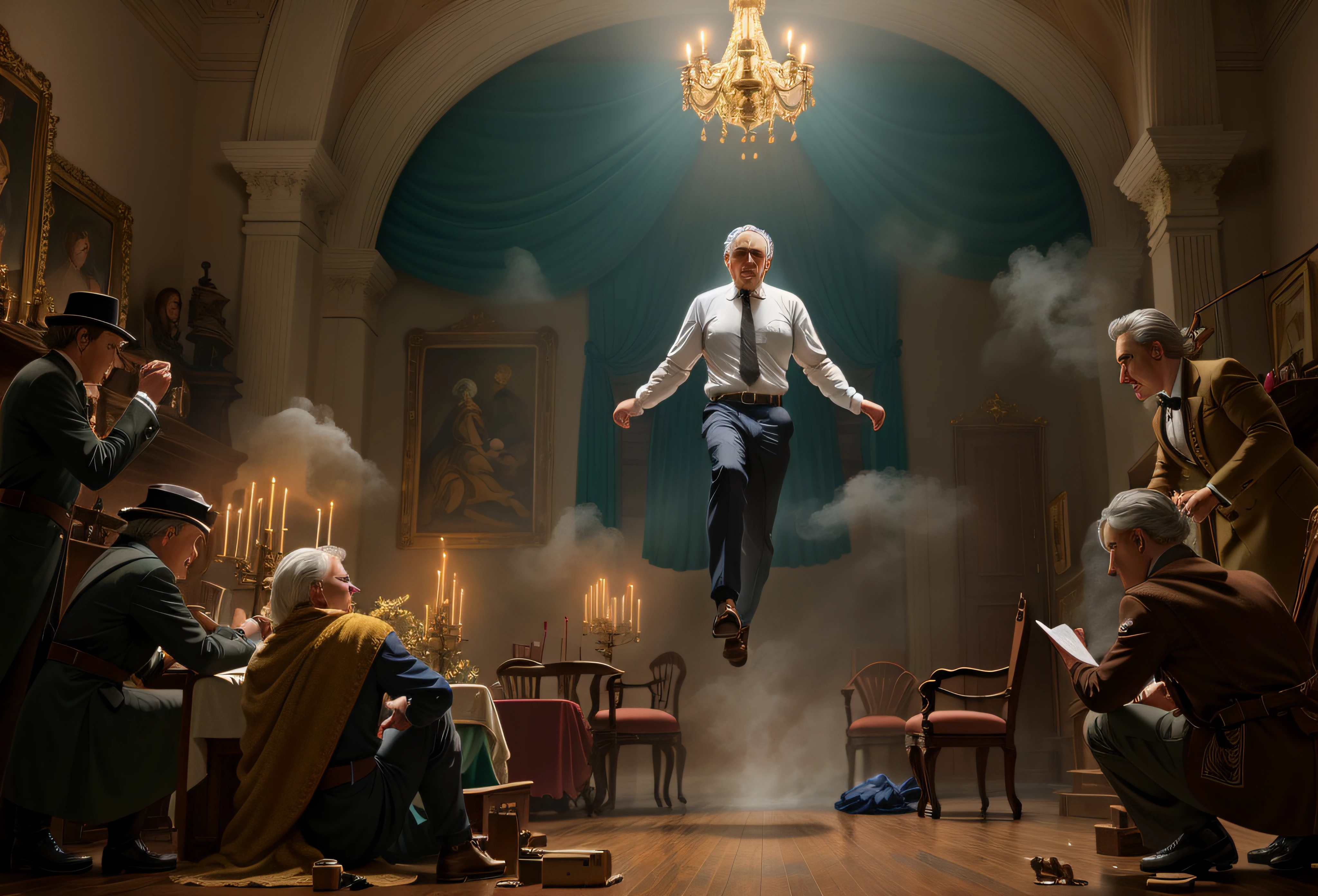 there is a man Roberto De Niro levitating in the air in a room, white hair floating in air, anomalisa, Roberto De Niro, rising in the air levitating, sergey zabelin, movie promotional image, by Alexander Kucharsky, miss aniela, editorial photograph, still image from the movie, global illumination. vfx, saul goodman in fortnite, still from the movie