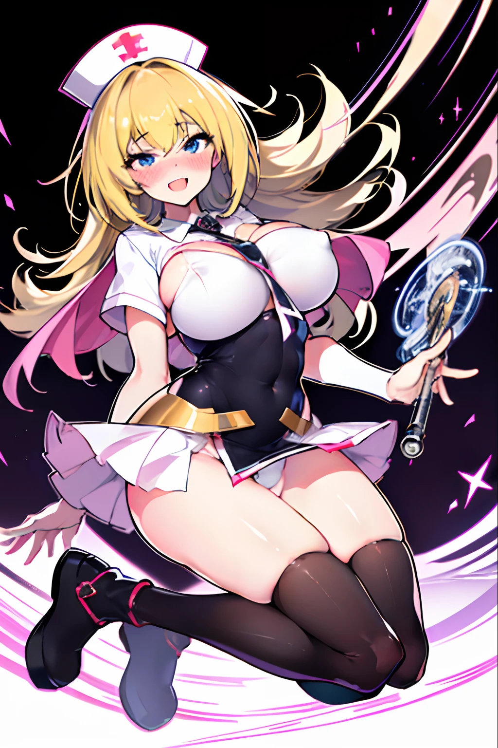 masutepiece, Best Quality, hight resolution,Wizard Girl,bionde,The long-haired,Colossal tits,fullllbody,nurse's outfit,Black tights,a miniskirt,white  panties,excited,an ecstatic look on one's face,Blushing,seductiv