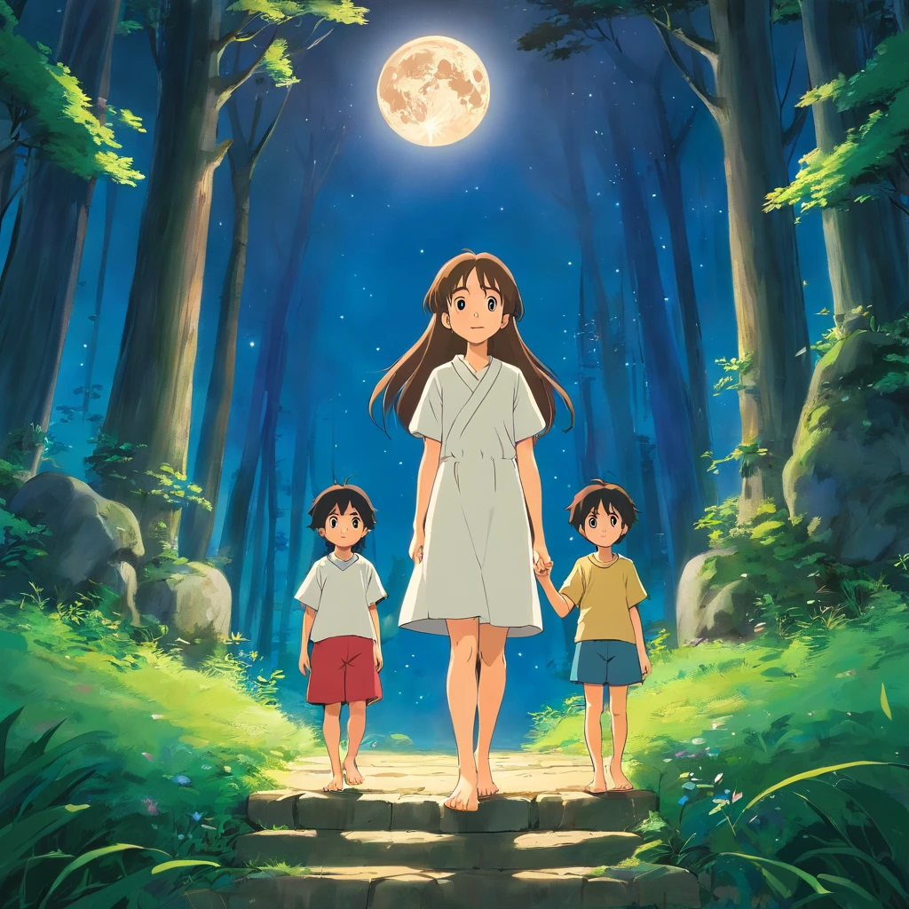 A 7 year old girl,and a 7-year-old Japanese boy with long hair, Front view, full bodyesbian,Stand at the entrance of the mysterious forest, The moon hangs high overhead,Forest trees and twinkling stars with trees in the background, rios, . shot from a far distance,full bodyesbian,Barefoot