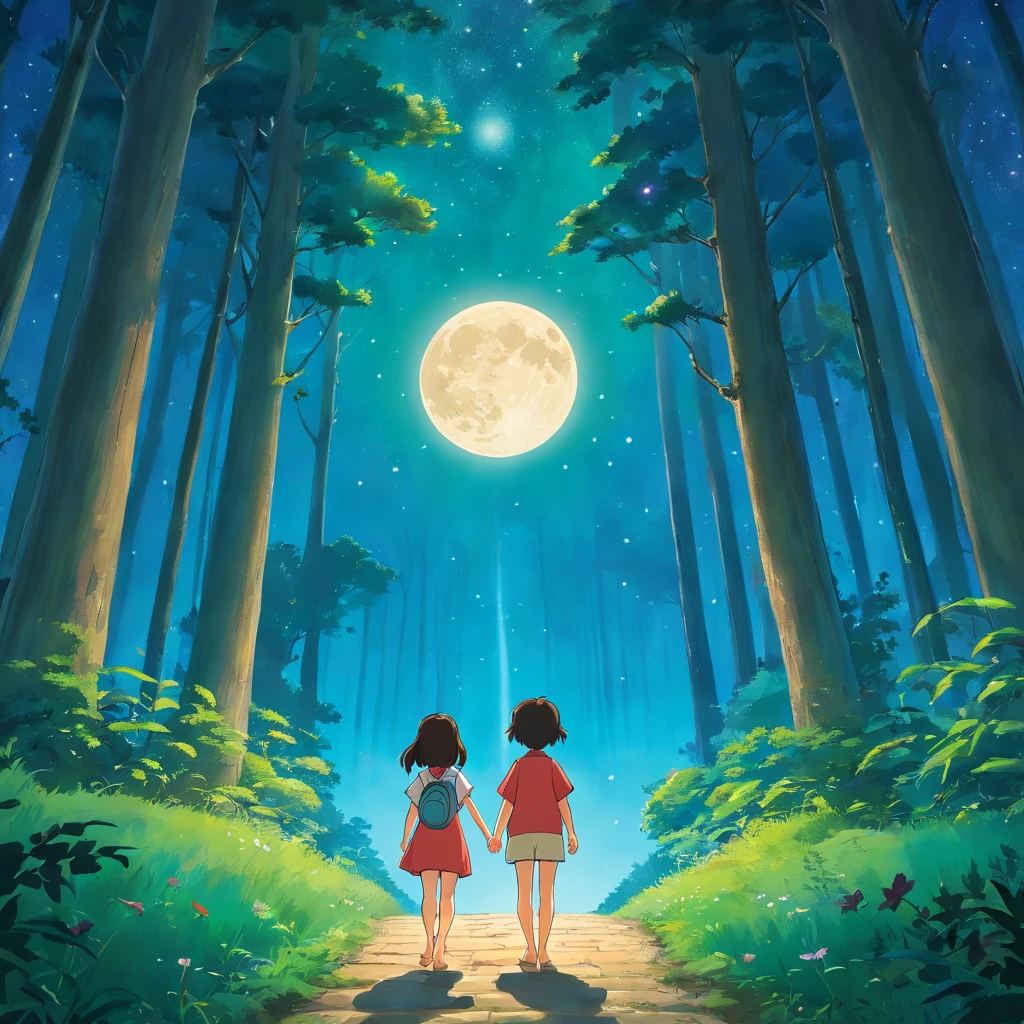 A 7 year old girl,and a 7-year-old Japanese boy with long hair, Front view, full bodyesbian,Stand at the entrance of the mysterious forest, The moon hangs high overhead，Forest trees and twinkling stars with trees in the background, rios, . shot from a far distance，full bodyesbian，Barefoot