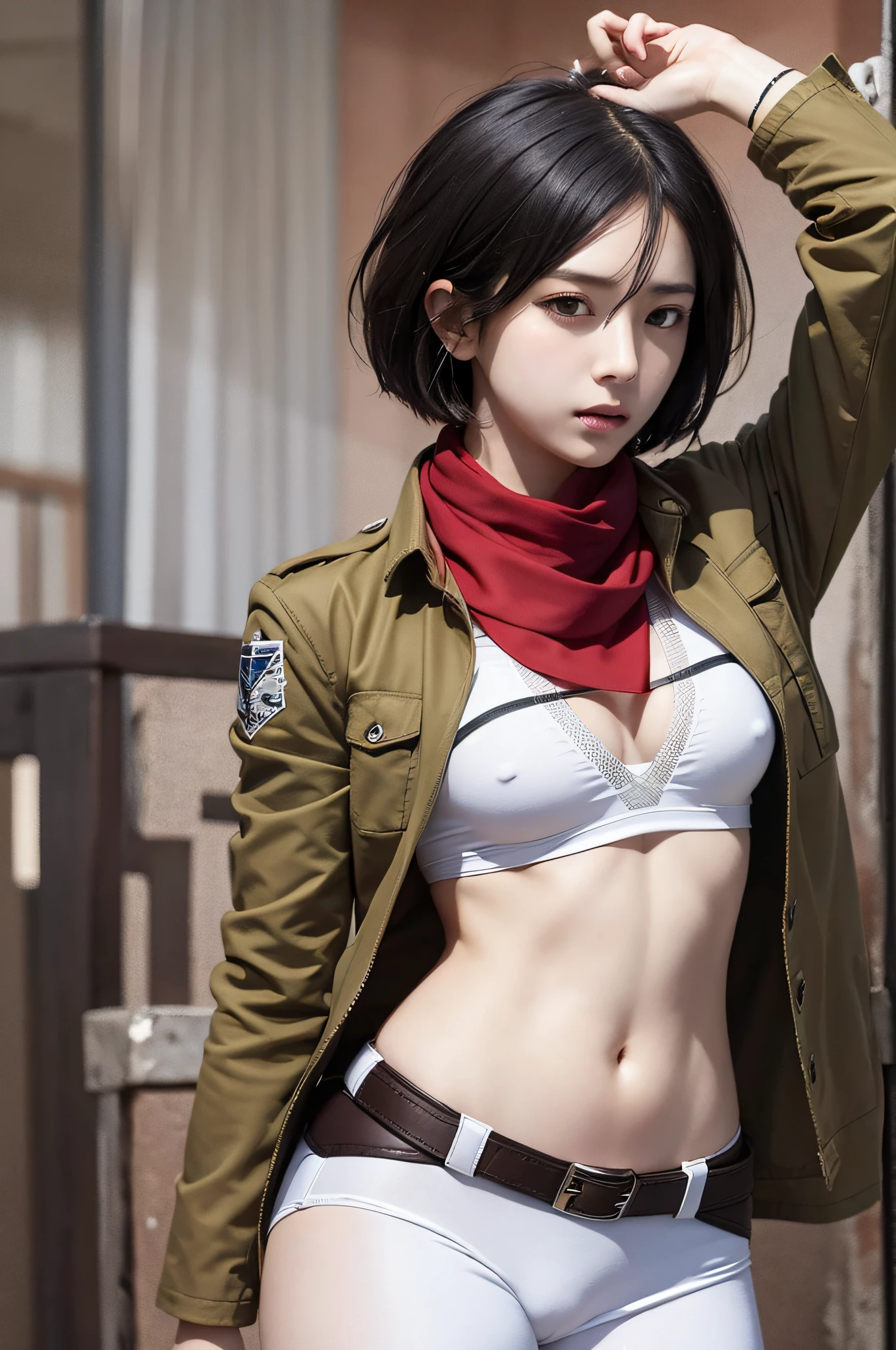 Master Parts, Best Quality, Haute, hmmikasa, Short hair, Black eyes, School swim wear, Underwear for the lower body, Swimwear Scarf, emblem, Belt bag, Thigh strap, red scarf, White pants, Brown jacket, shortsleeves, The sword, outside of house