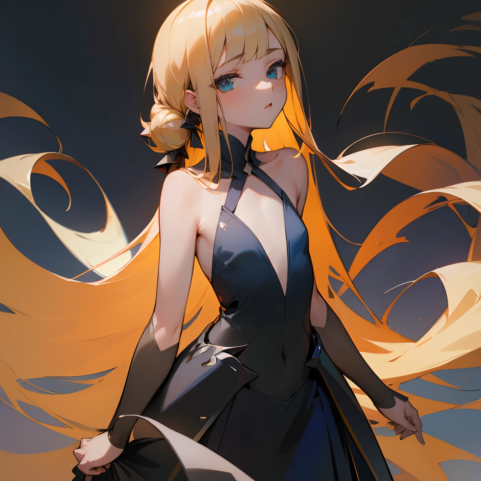Furina, 1girl, high quality, best quality, illustration, masterpiece, (highly detailed:1.2), (extremely detailed:1.3), flat chest, bare shoulders, sleeveless, young girl, dress, backless