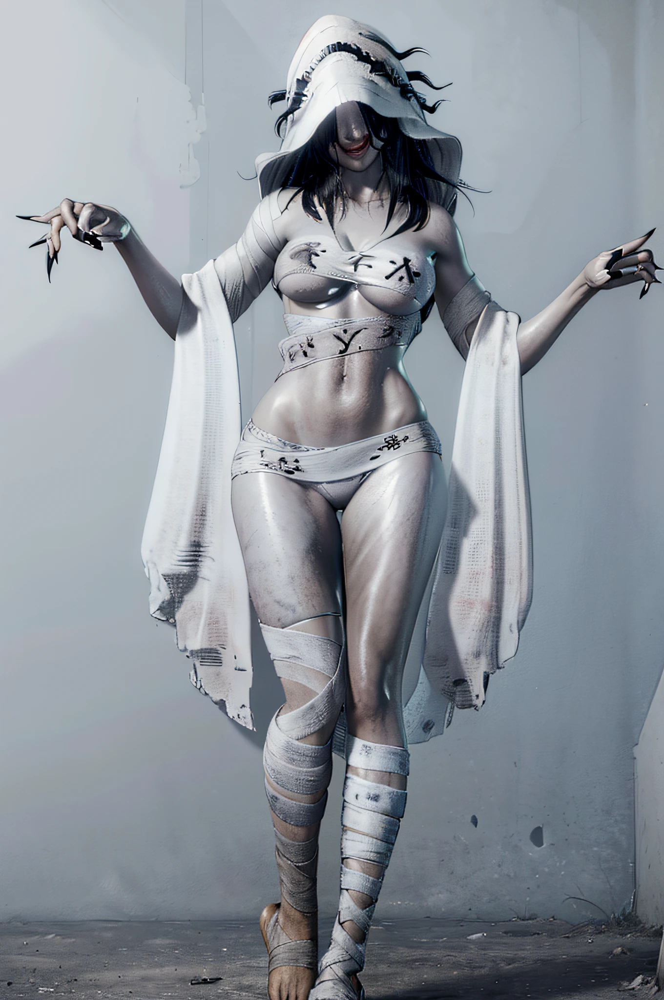 FlyingBolt, grey skin, covered eyes, smile, fingernails, white bandages, bandaged leg, barefoot, navel, white bandage hoodie, 1girl, solo, facing viewer