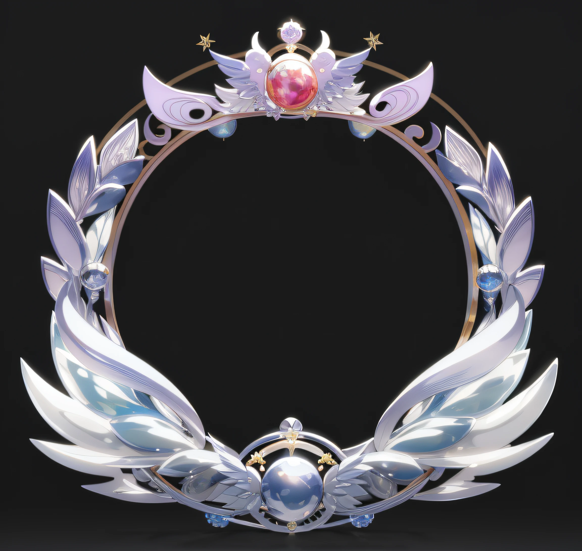 Close-up of a circular frame with a crown and wings, circle of the crone, ornamental halo, intricate ornament halo, silver insignia, ornament crown, emblem of wisdom, kda, ultra realistic fantasy tiara, silver wings, symmetrical crown, shadowverse style, Jewel Crown, tiara crown (white lasers), Ouroboros, ornate border + concept-art, angelic halo