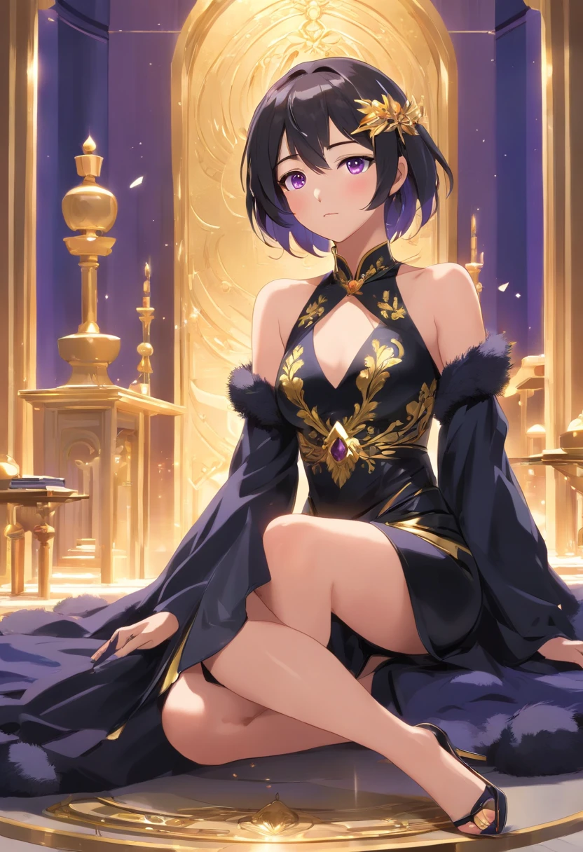 "High-quality image representing a woman with long, fluffy black hair, fair skin, violet eyes, dressed in a luxurious black gown that evokes the image of a queen. She is seated on a golden throne with her legs crossed and her hand on her cheek. The room is adorned with cobblestone and marble, with gold accents. Emphasize her expression of authority and confidence, conveying that she speaks with assurance. Add details of gold accessories to enhance her elegance and majesty."