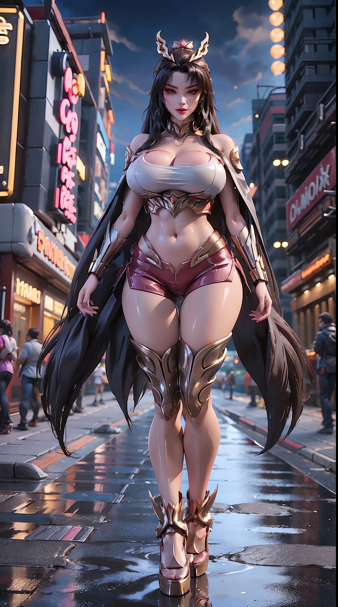 1GIRL, SOLO, COQUETTE, (fox head), (WET HUGE FAKE BOOBS:1.3), (STREET CITY BACKGROUND), (FUTURISTIC RED FOX QUEEN MECHA CROP TOP, ROYAL CAPE, CLEAVAGE:1.2), (SKINTIGHT YOGA HOTPANTS, HIGH HEELS:1.2), (PERFECT BODY, FULL BODY VIEW:1.5), (LOOKING AT VIEWER), (WALKING DOWN:1.2), MUSCLE ABS:1.3, ULTRA HIGHT DEFINITION, 8K, 1080P.