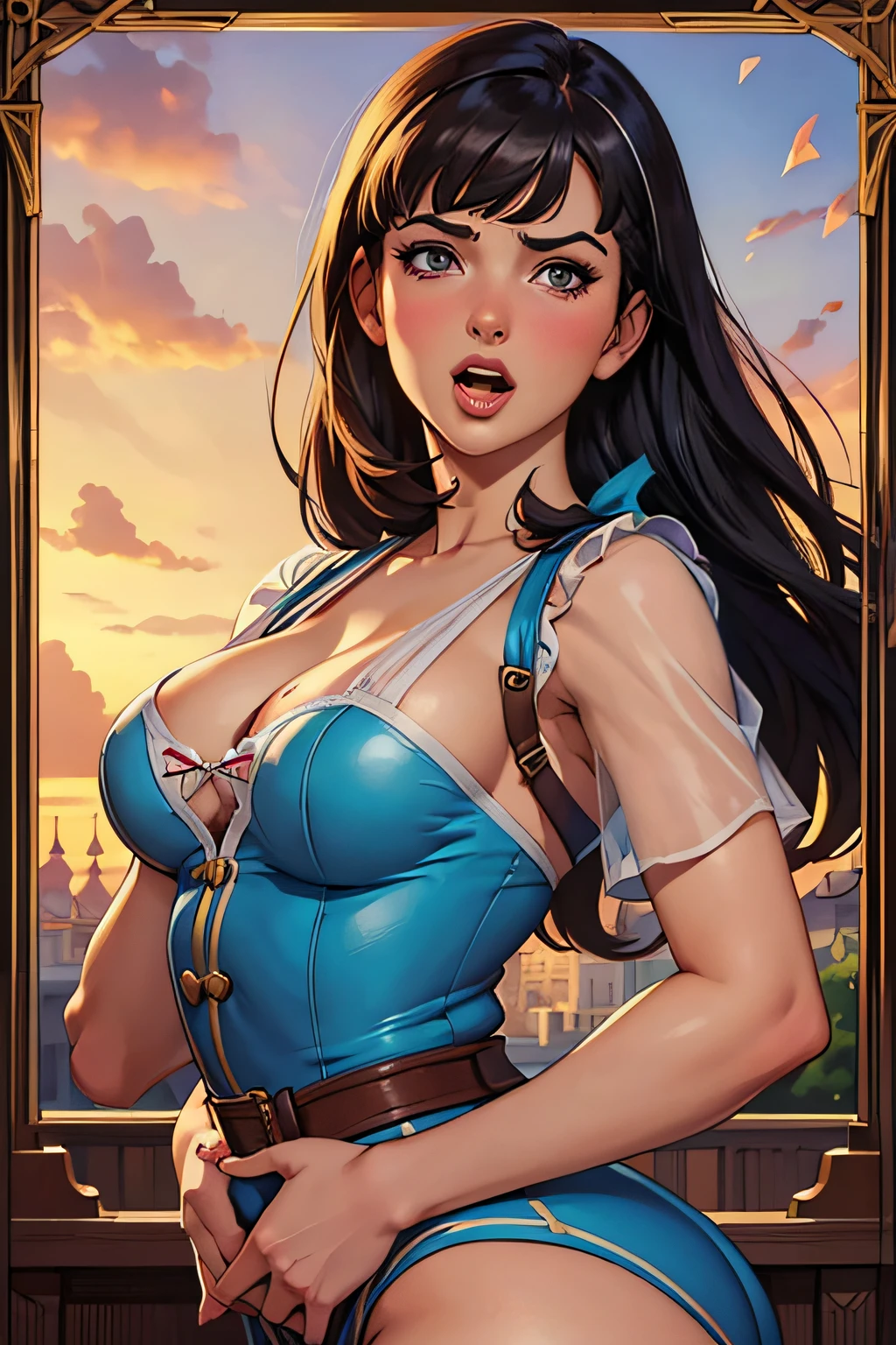 (best quality, masterpiece),1girl, seiza, white shirt,hearts in eyes, facial,open mouth, tongue out, saliva, (see-through), ahegao, (isabelmoner-smf, Dora: 0.9), (URSS: 1.2), Romantic walk, evening sunset, Soviet satirical poster , no estilo de Pin Up, Altamente detalhado, Detalhes complicados, O estilo de Gil Elvgren, Artgerm e Gil Elvgren,Arte pin-up colorida, Gill Elvgren, (realistic not David Barnett style · Newton Hellmuth • Yuriy Arkurs ), vindima, 50 millimeters