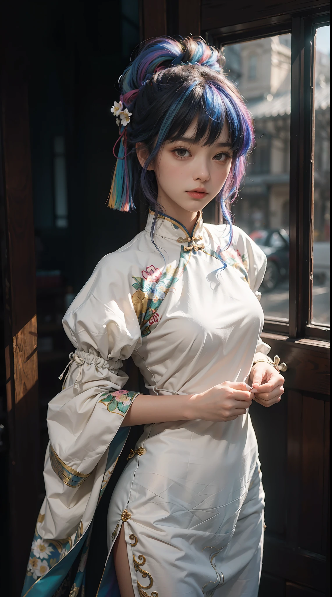 (Extreme Detail CG Unity 8K Wallpapers，tmasterpiece，Highest image quality)，(Delicate light and shadow，The picture is highly dramatic，Cinematic lens effect)，(A girl in a colorful costume)，(Rainbow color hair color)，From the Mars parallel universe，Wenger，Marvel，dynamicposes)，(Exceptional detail，The lighting effect is outstanding，Vista wide angle)，(Excellent rendering，Enough to stand out from the crowd)，The focus is on tight Chinese clothing，Intricate decorative flower texture