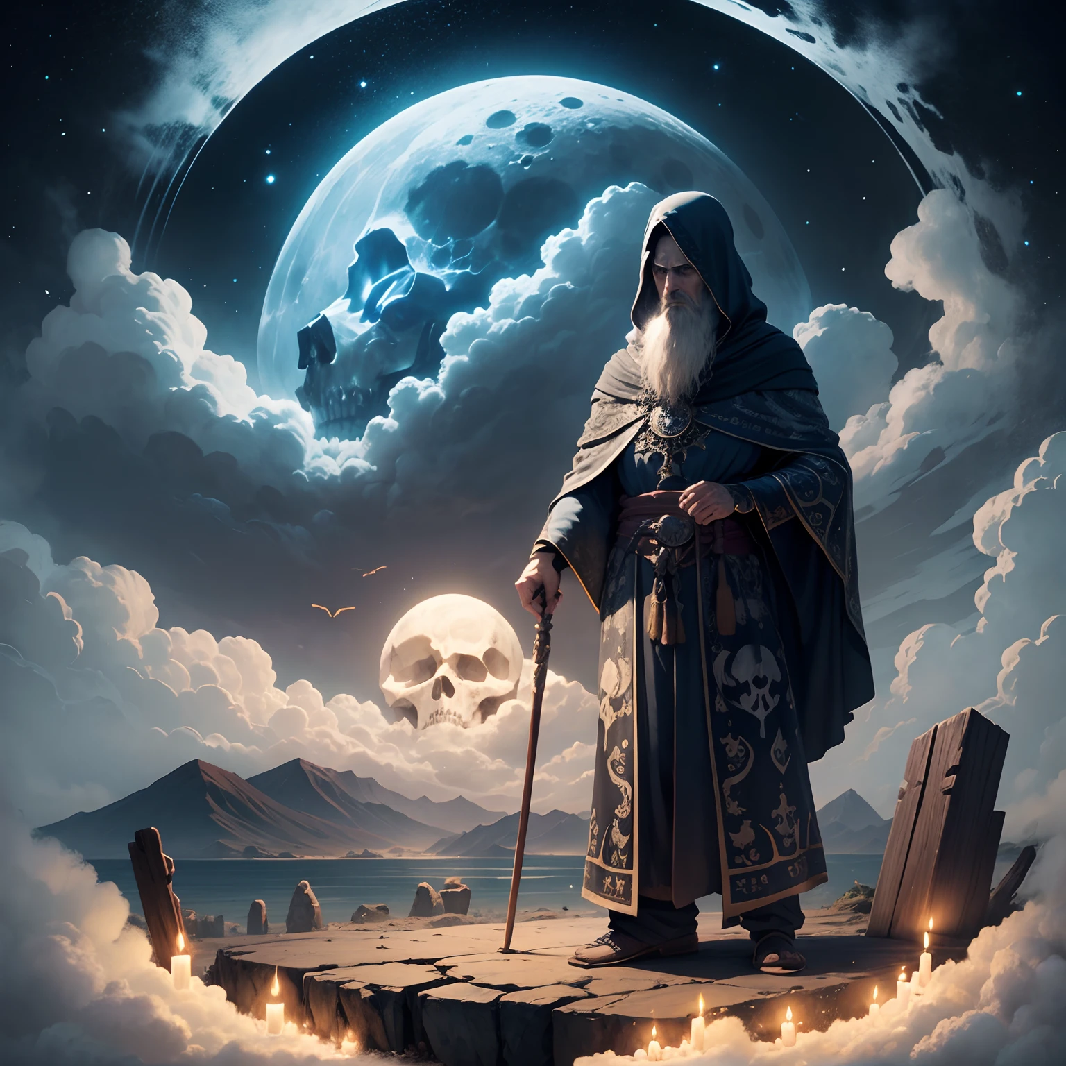 Ancient wizard, character dressed in printed tunic, large moon with a skull image cloudy landscape in the background, illustrations with Halloween symbolism