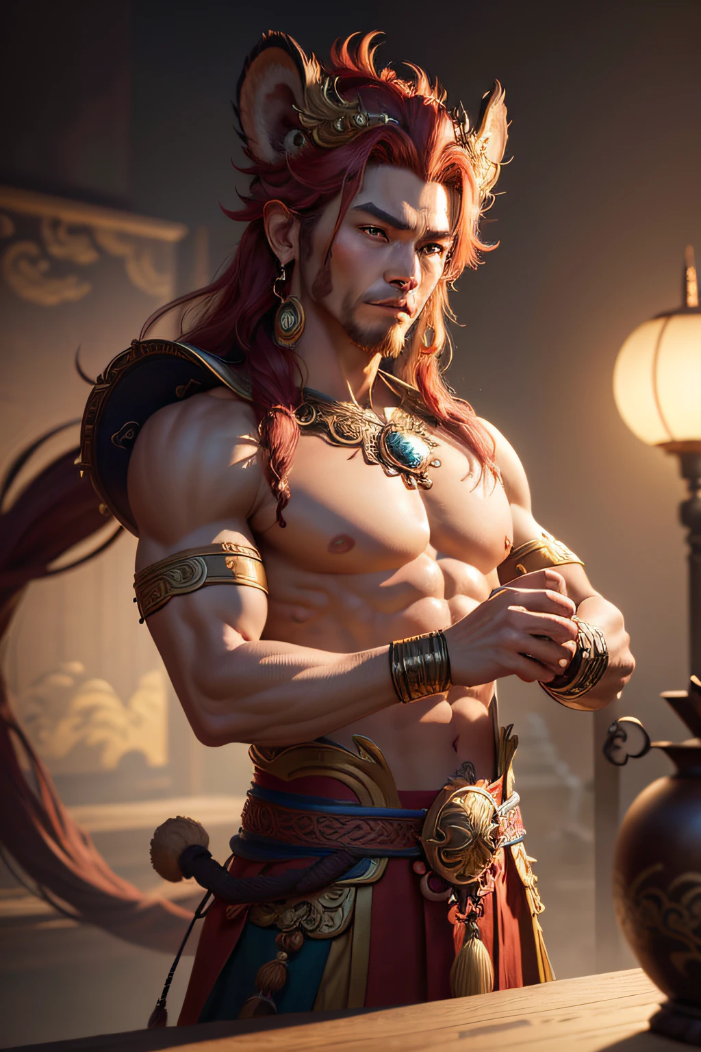 Realistic,Hot muscular Male concubine in the Han dynasty on his knees, wearing ancient revealing Chinese dress with long hair and masculine features.