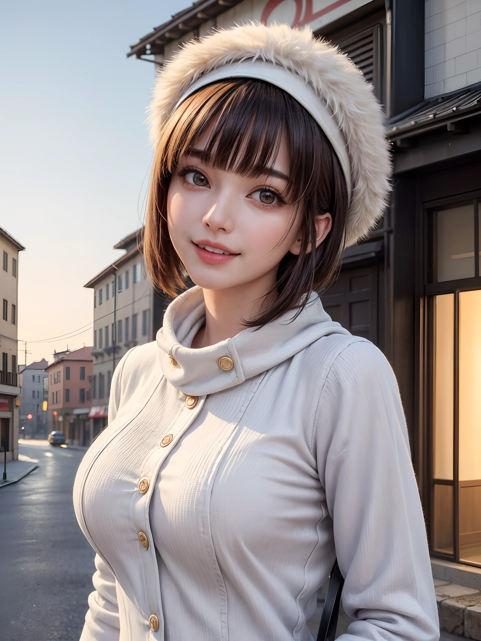 (Masterpiece, top-quality),1girl in, 独奏, Black lustrous hair, scarf, Hats,, realisitic, looking at the viewers, black eyes of light color, shorth hair, coat, Winter clothes, White headscarf, s lips, lipgloss，bangss,, a closed mouth, The upper part of the body、big eye、Lashes、((Street))、((Shorthair with bangs、big eye、Put very strong highlights in your students、very Bigger breasts、gazing at viewer、Very beautiful beauty、Very eared、long neck、little smiling、Close your mouth and smile)))、